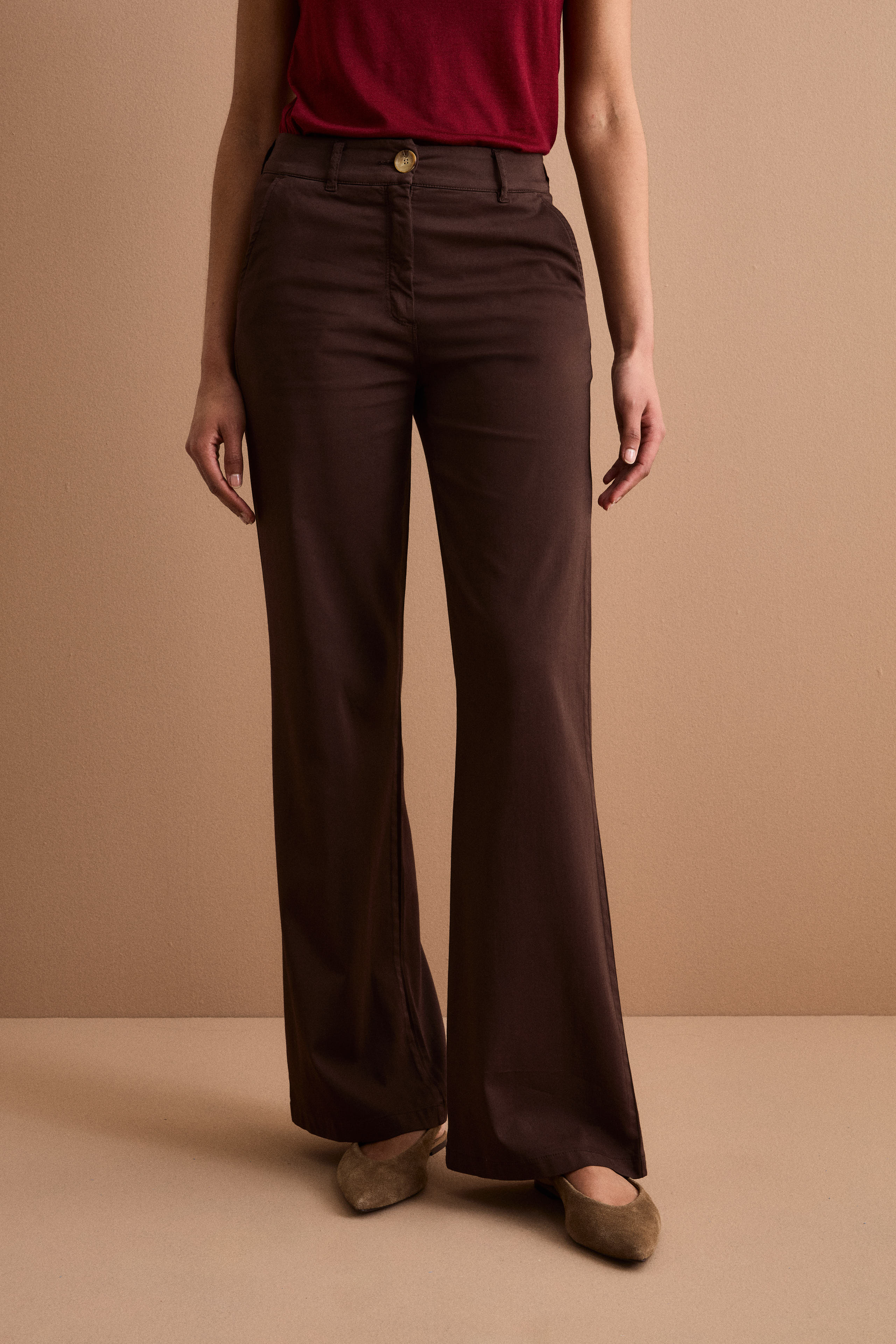 Pantalone Twill Gamba Larga in Misto Cotone - MARRONE