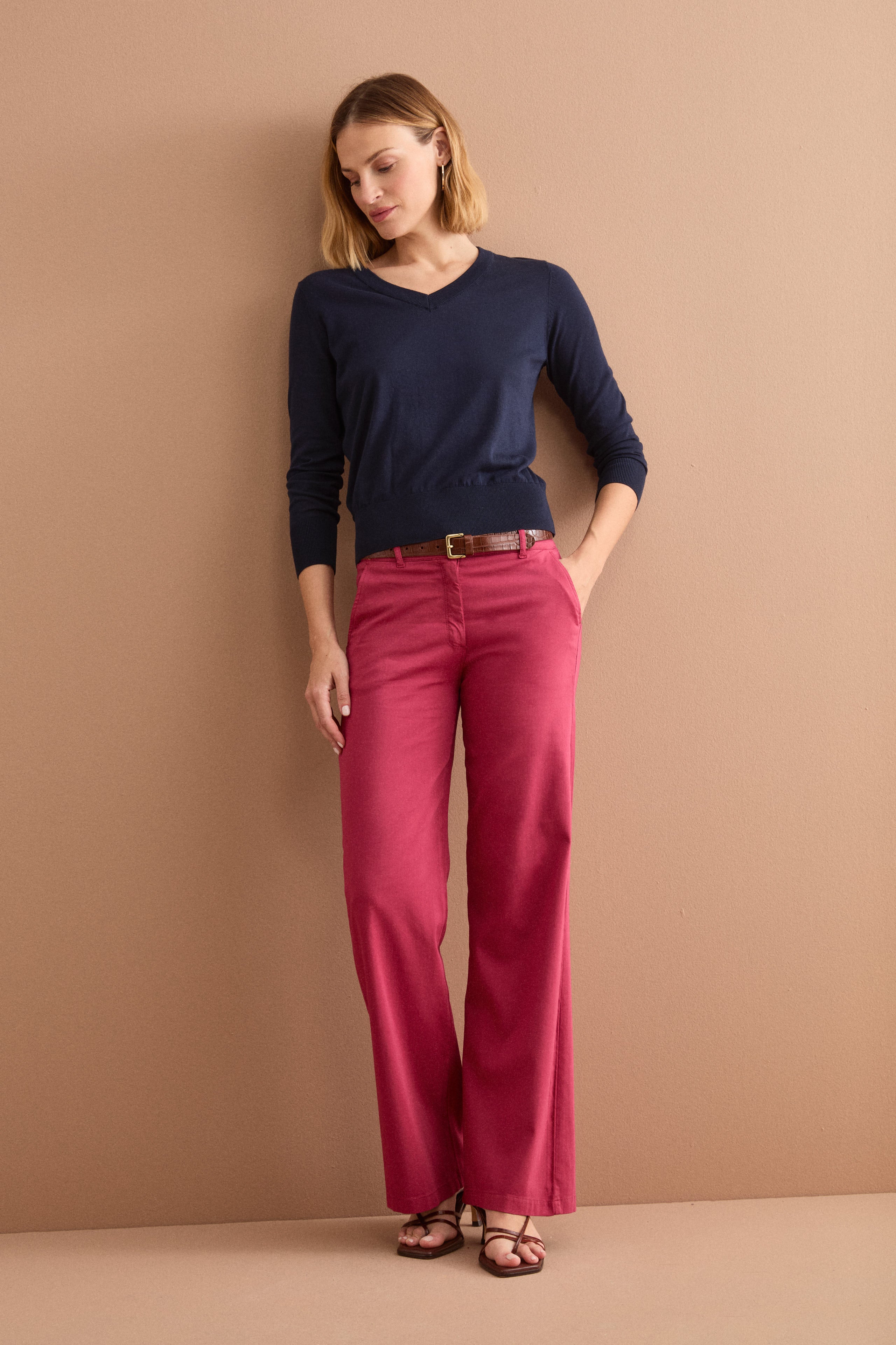Pantalone Twill Gamba Larga in Misto Cotone - BORDEAUX