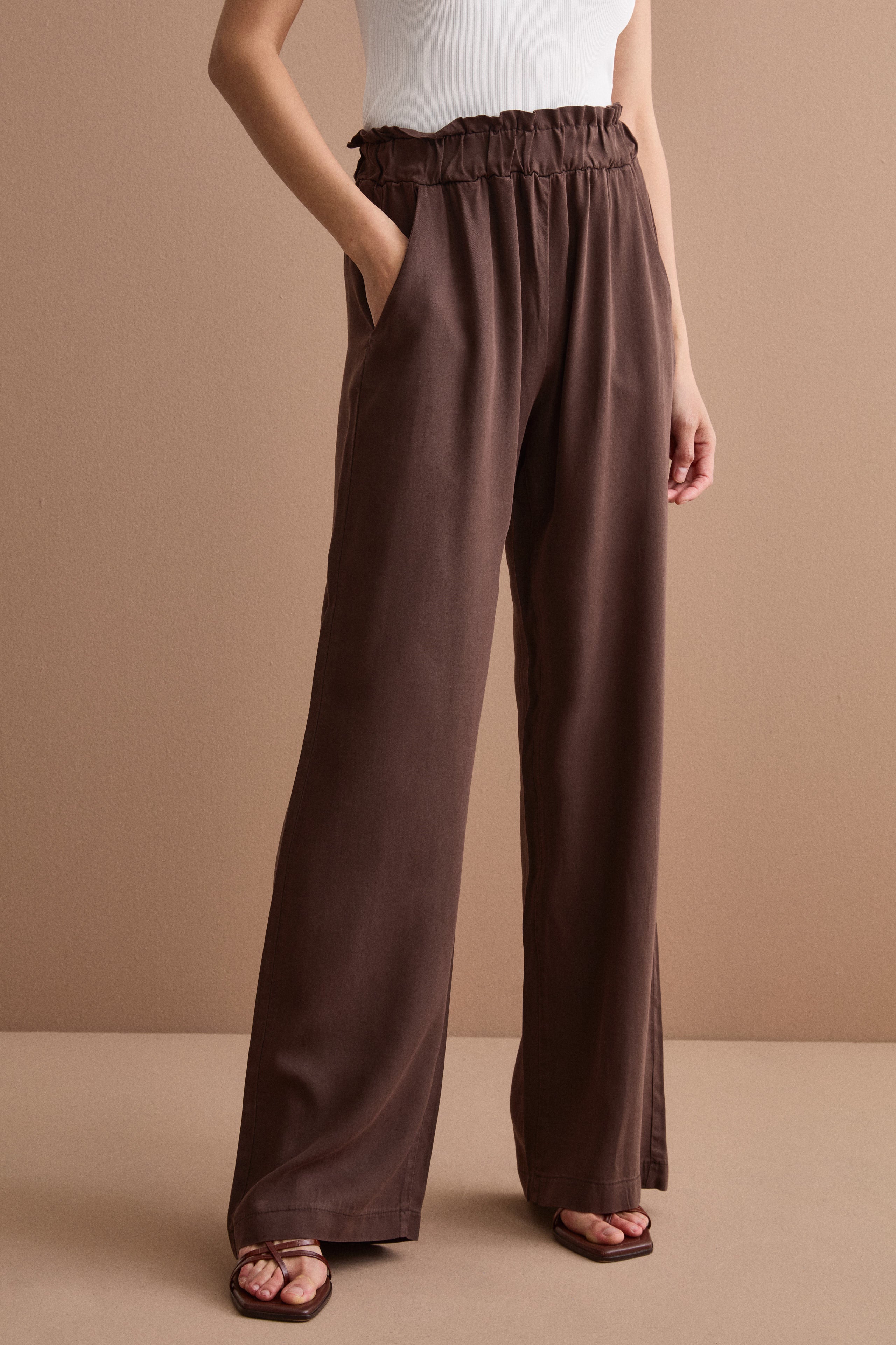 Pantalone Wide Leg con Elastico in Vita - MARRONE