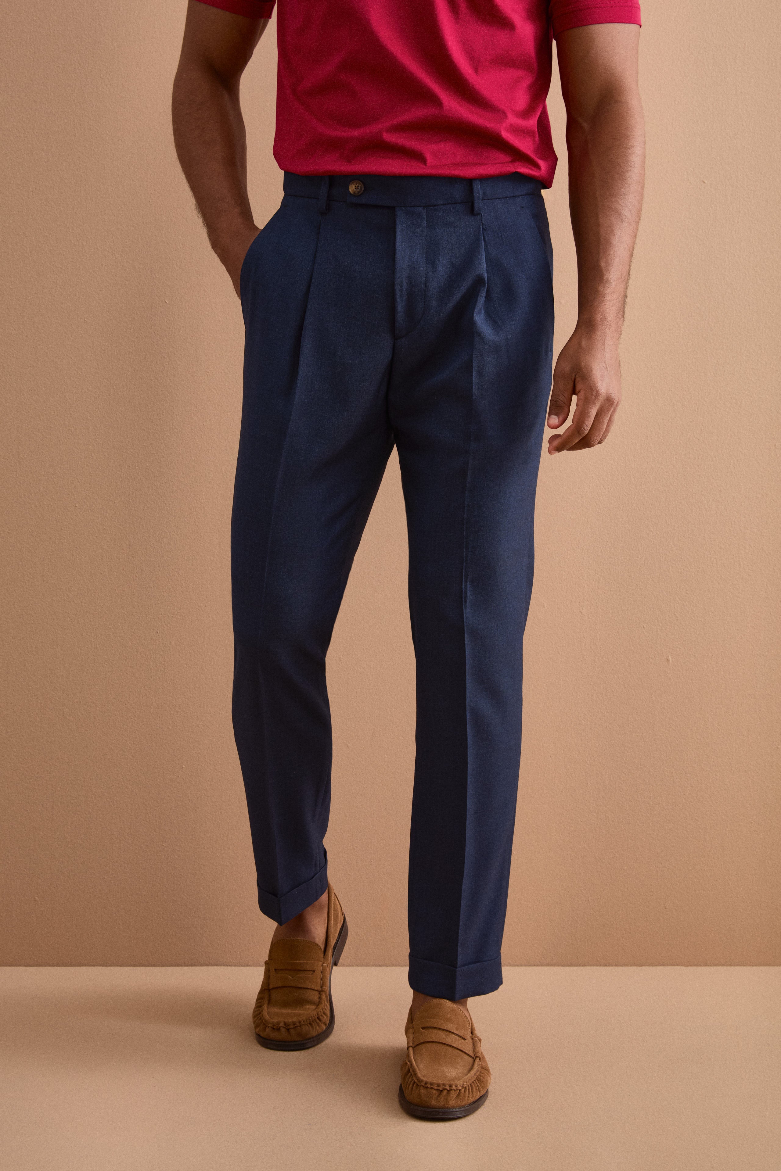 Pantalone Slim Fit in misto lana con Pinces e Risvolto - BLU
