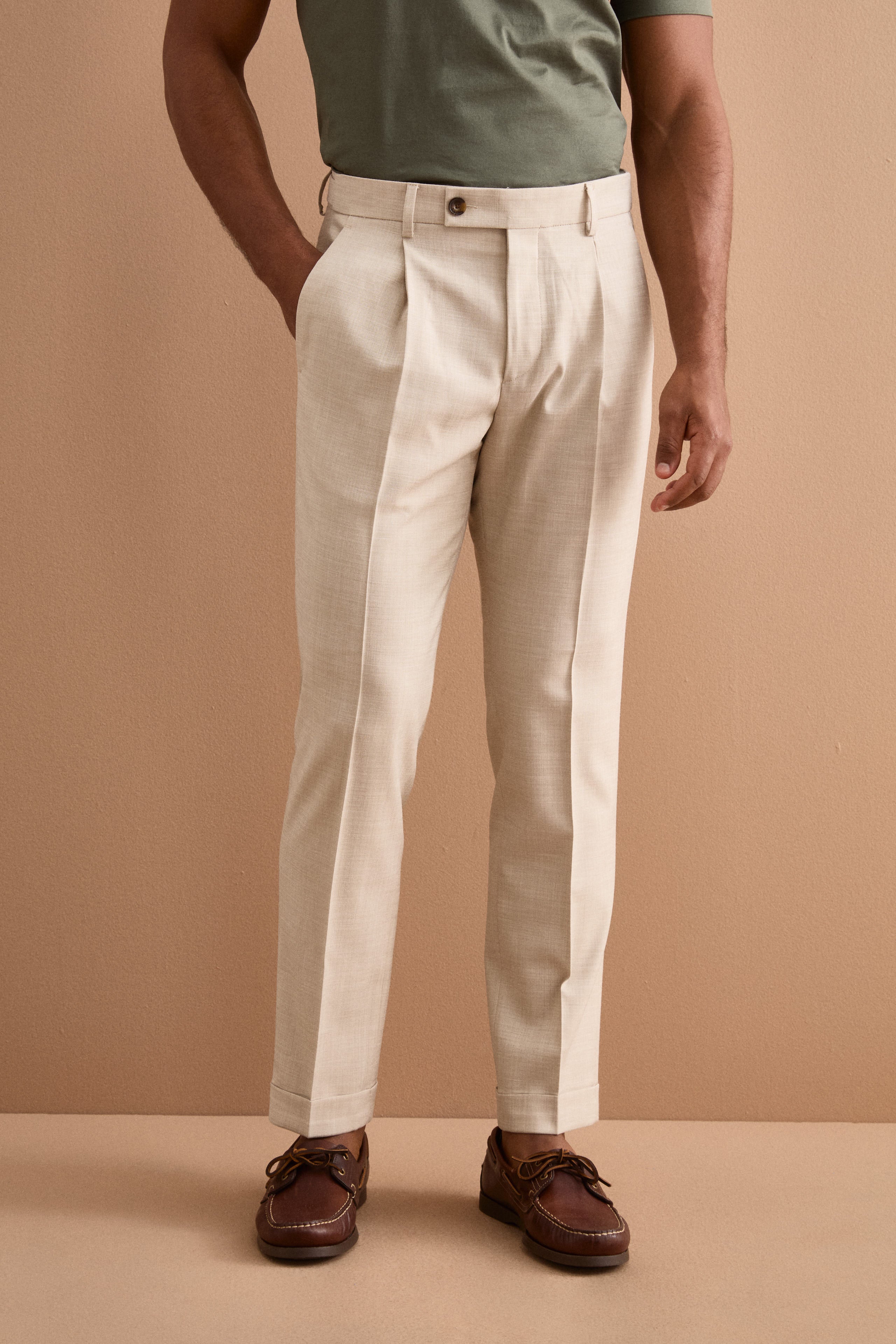 Pantalone Slim Fit in misto lana con Pinces e Risvolto - BEIGE