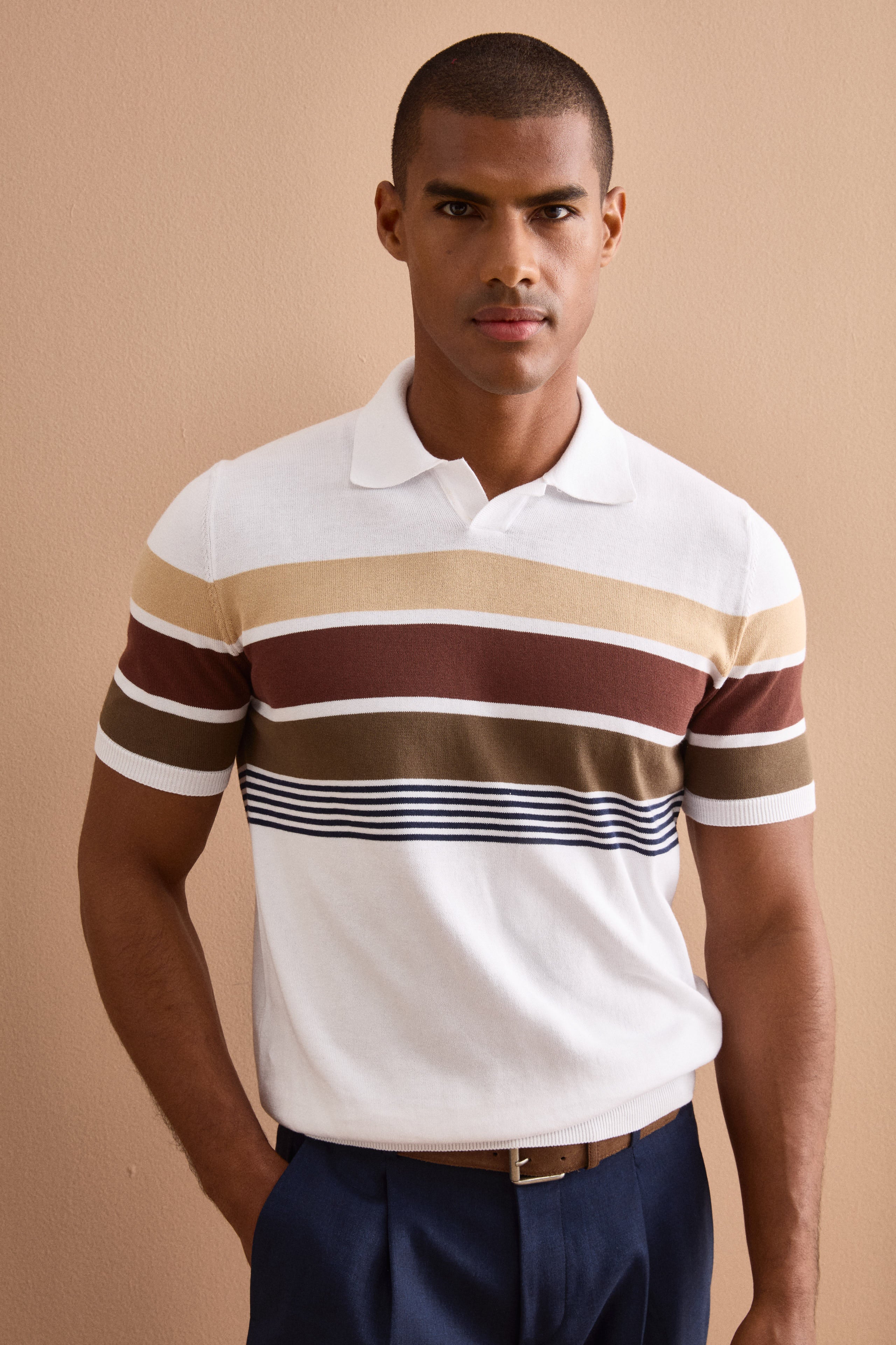 Polo a Righe in Cotone con Bordo a Costina - BIANCO RIGATO