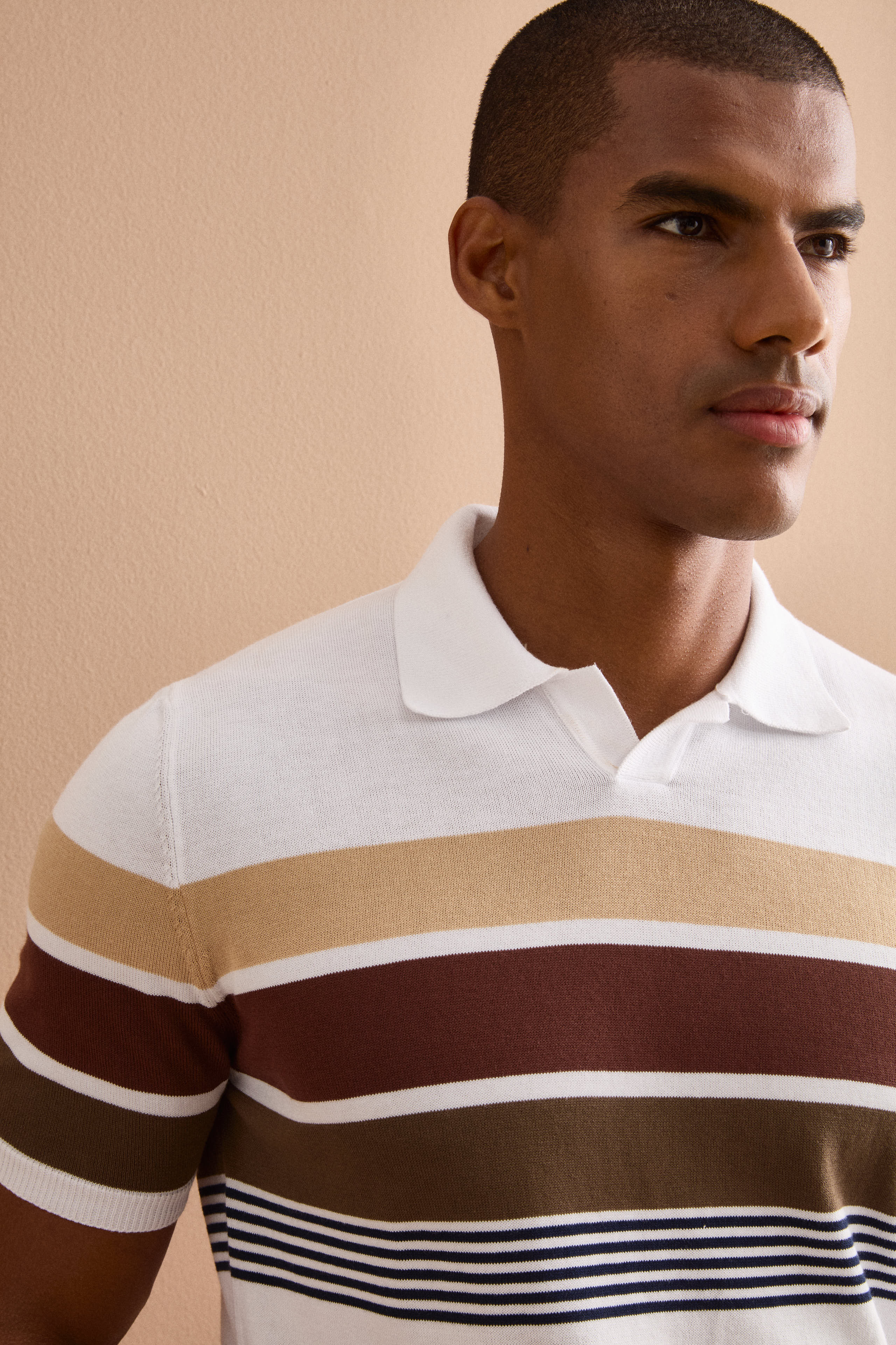 Polo a Righe in Cotone con Bordo a Costina - BIANCO RIGATO