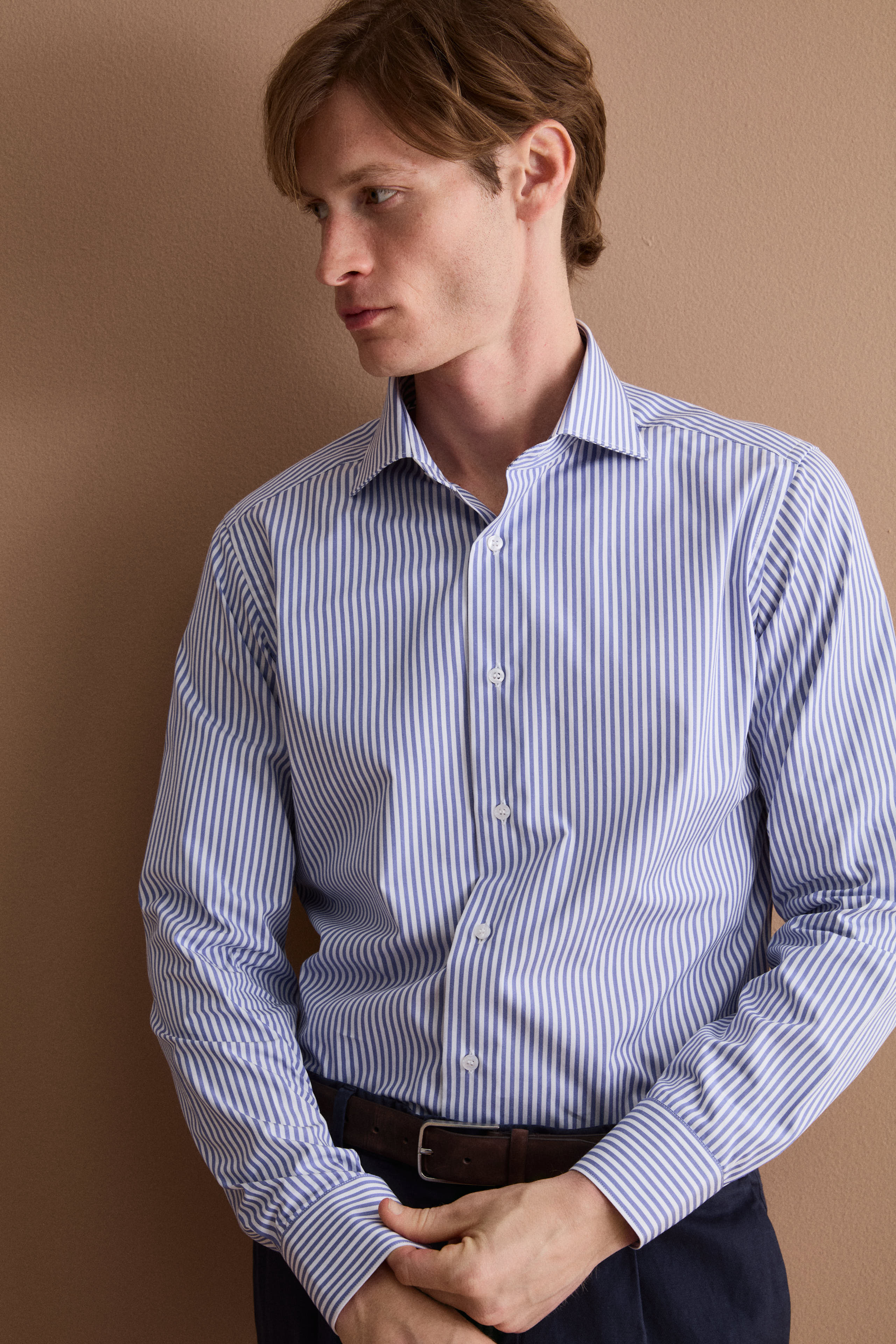 Camicia Slim Fit in Cotone con Collo Francese - RIGATO BLU