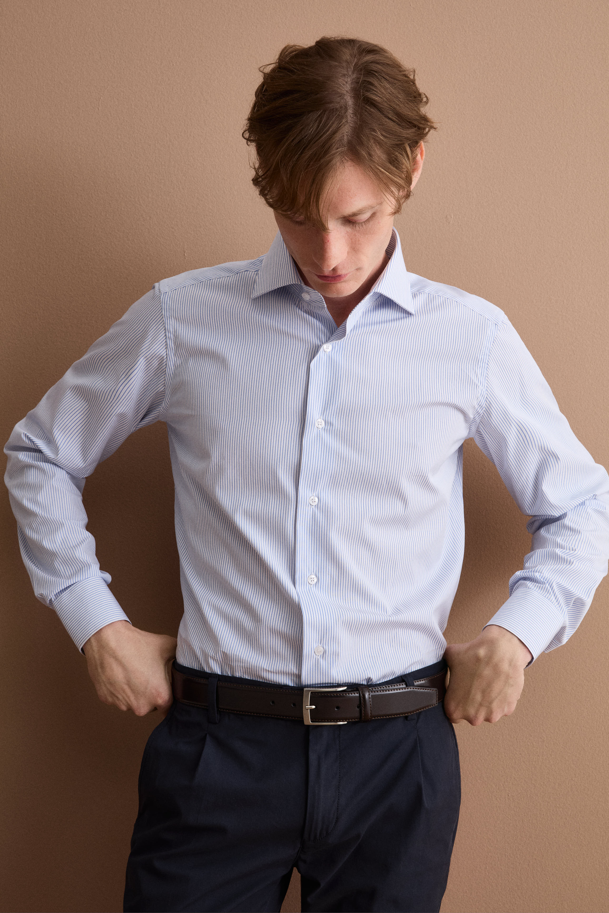 Camicia Slim Fit in Cotone Doppio Ritorto - BIANCO RIGATO