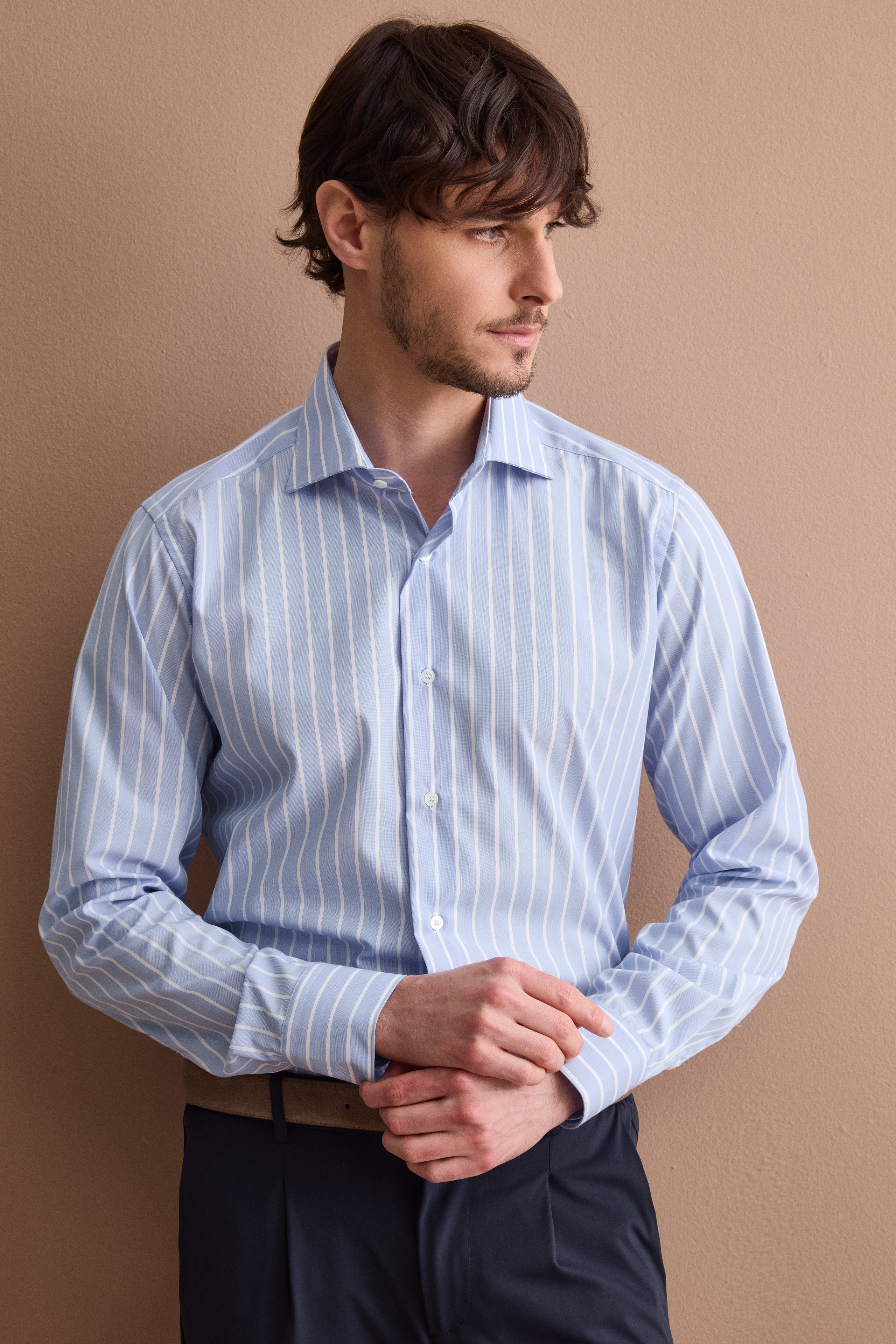Camicia Slim a Righe in Cotone Doppio Ritorto - AZZURRO RIGATO