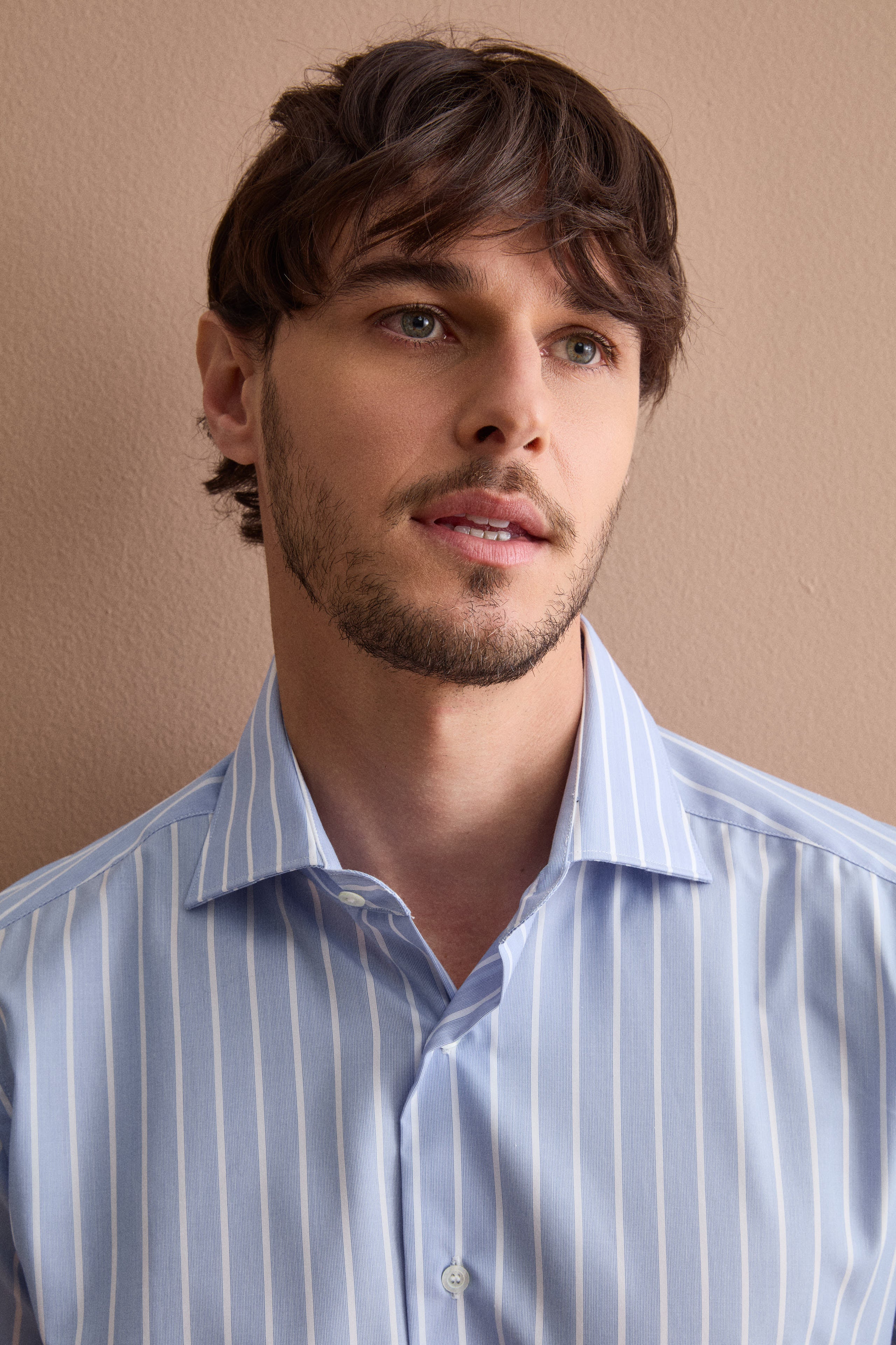 Camicia Slim a Righe in Cotone Doppio Ritorto - AZZURRO RIGATO