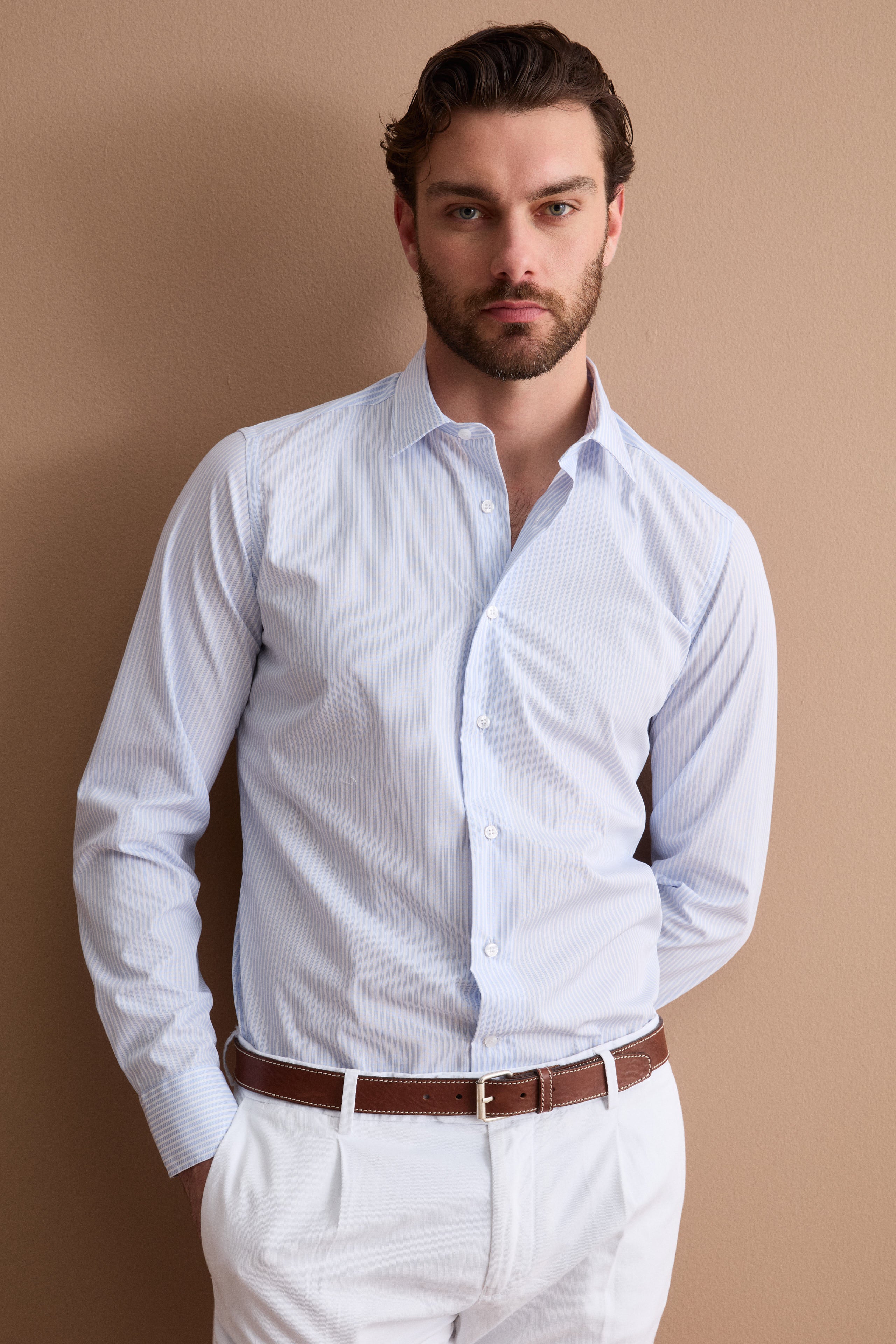 Camicia Slim Fit No Iron in Cotone - RIGATO BIANCO/AZZURRO