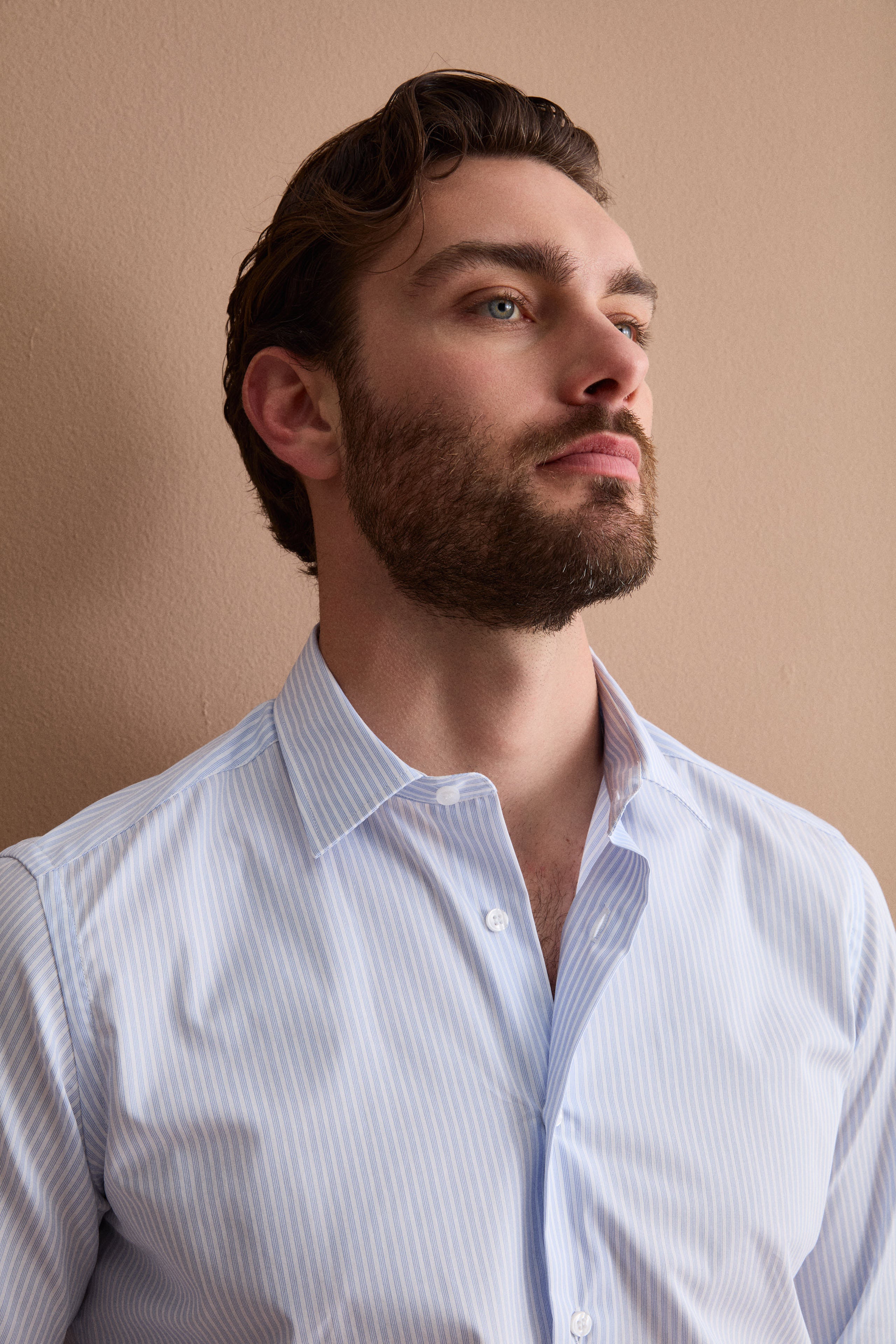 Camicia Slim Fit No Iron in Cotone - RIGATO BIANCO/AZZURRO