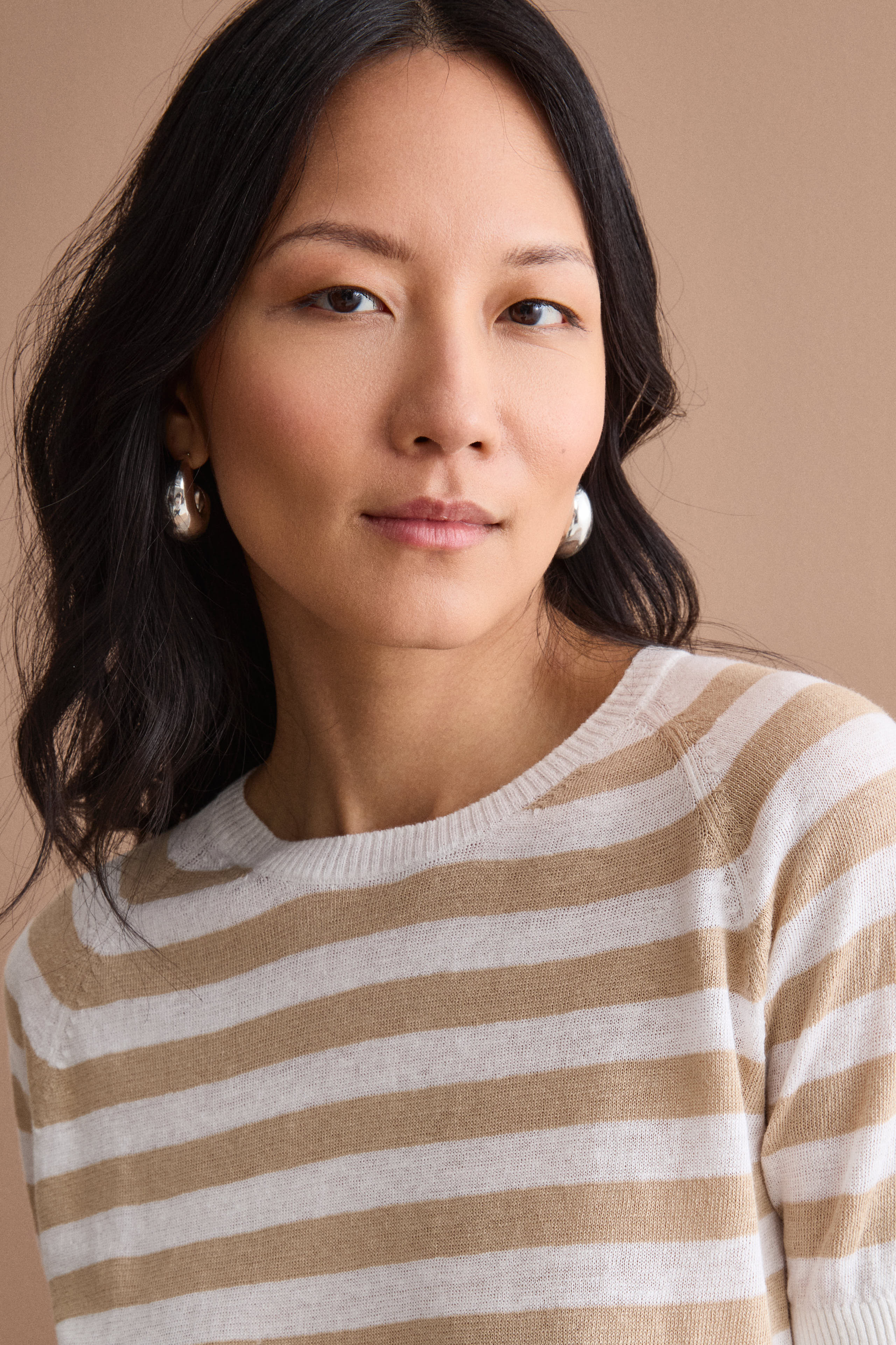 T-Shirt Cropped a Righe in Lino e Cotone - BIANCO/BEIGE