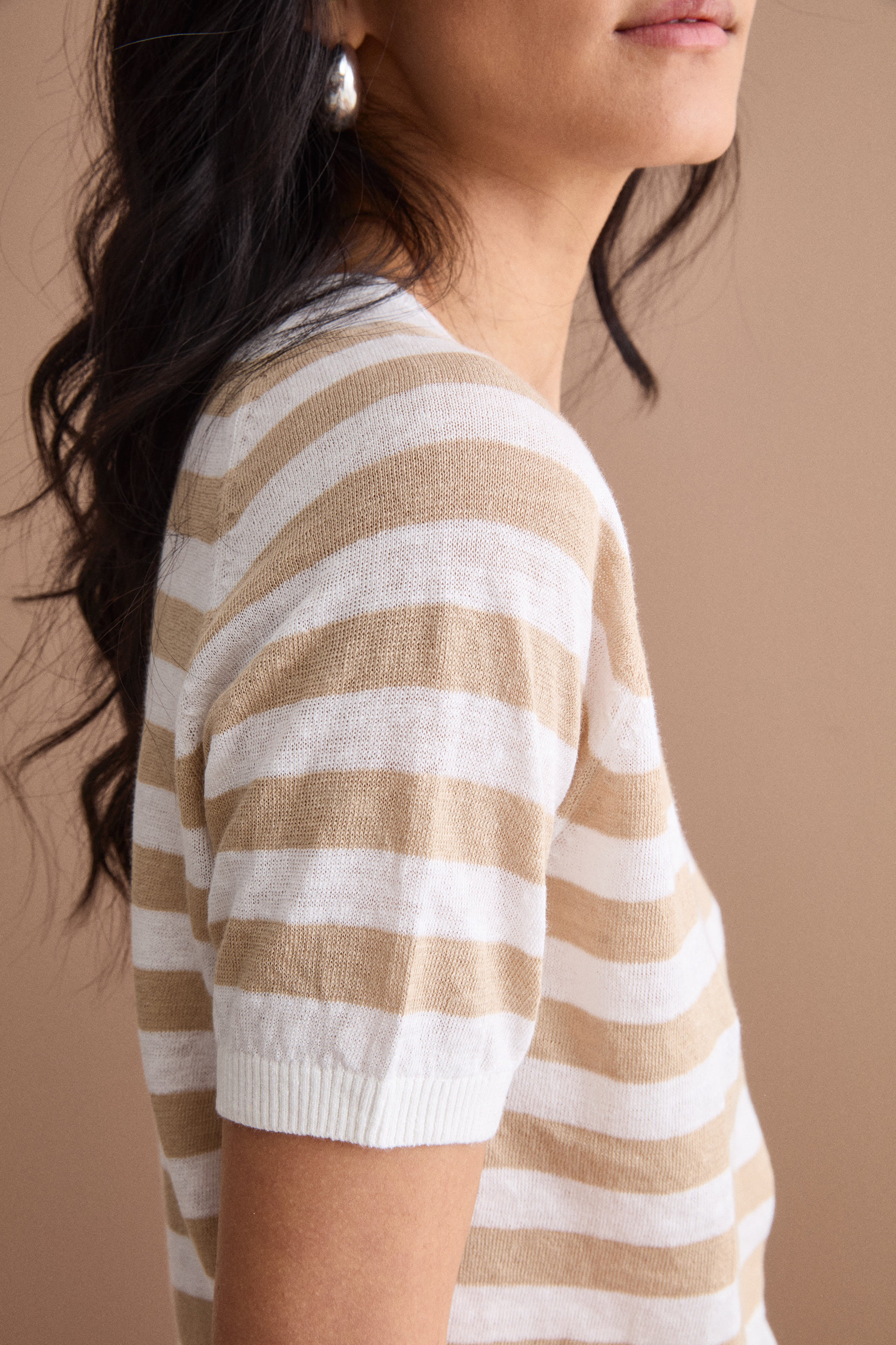 T-Shirt Cropped a Righe in Lino e Cotone - BIANCO/BEIGE