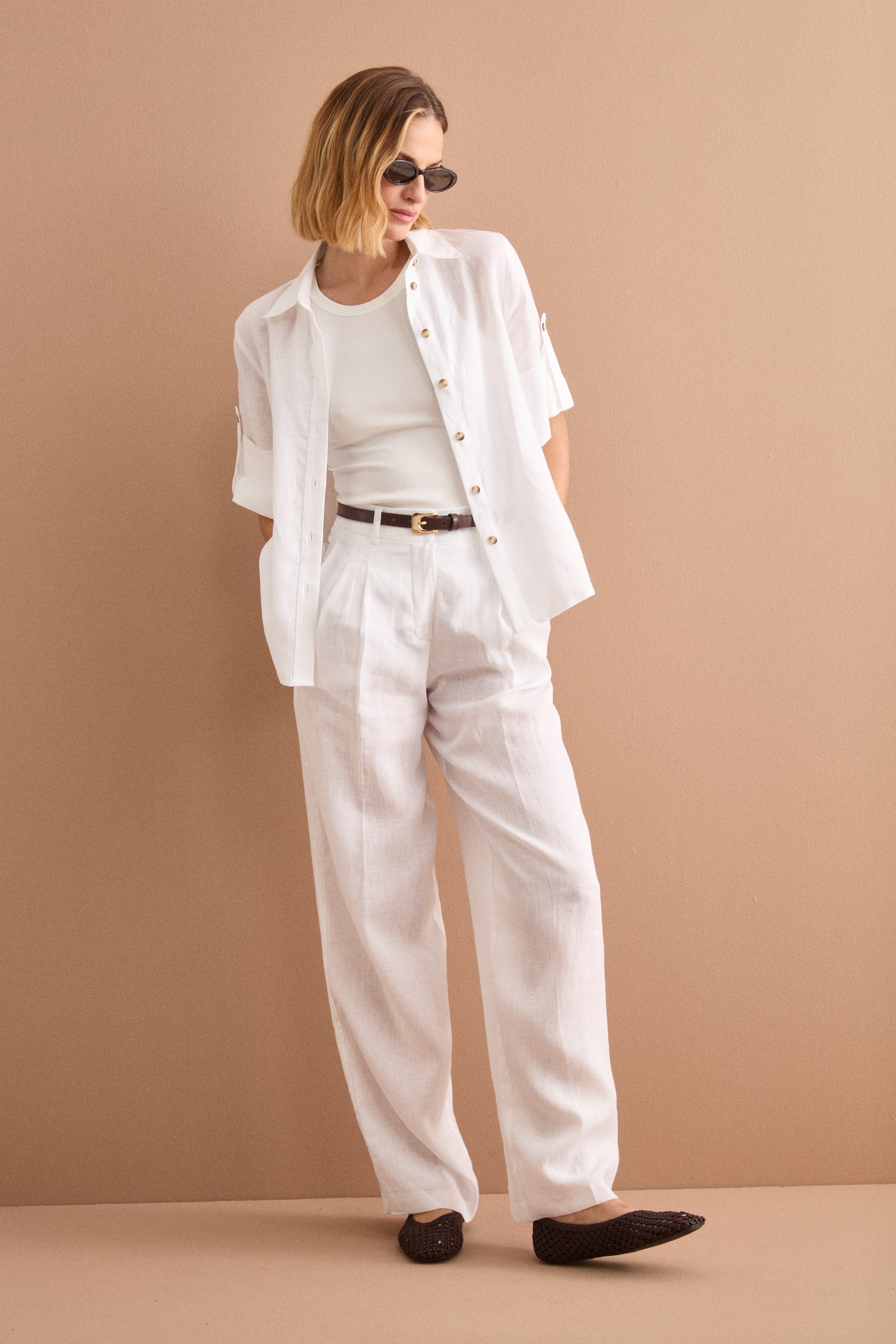 Camicia Over Cropped in Lino - BIANCO