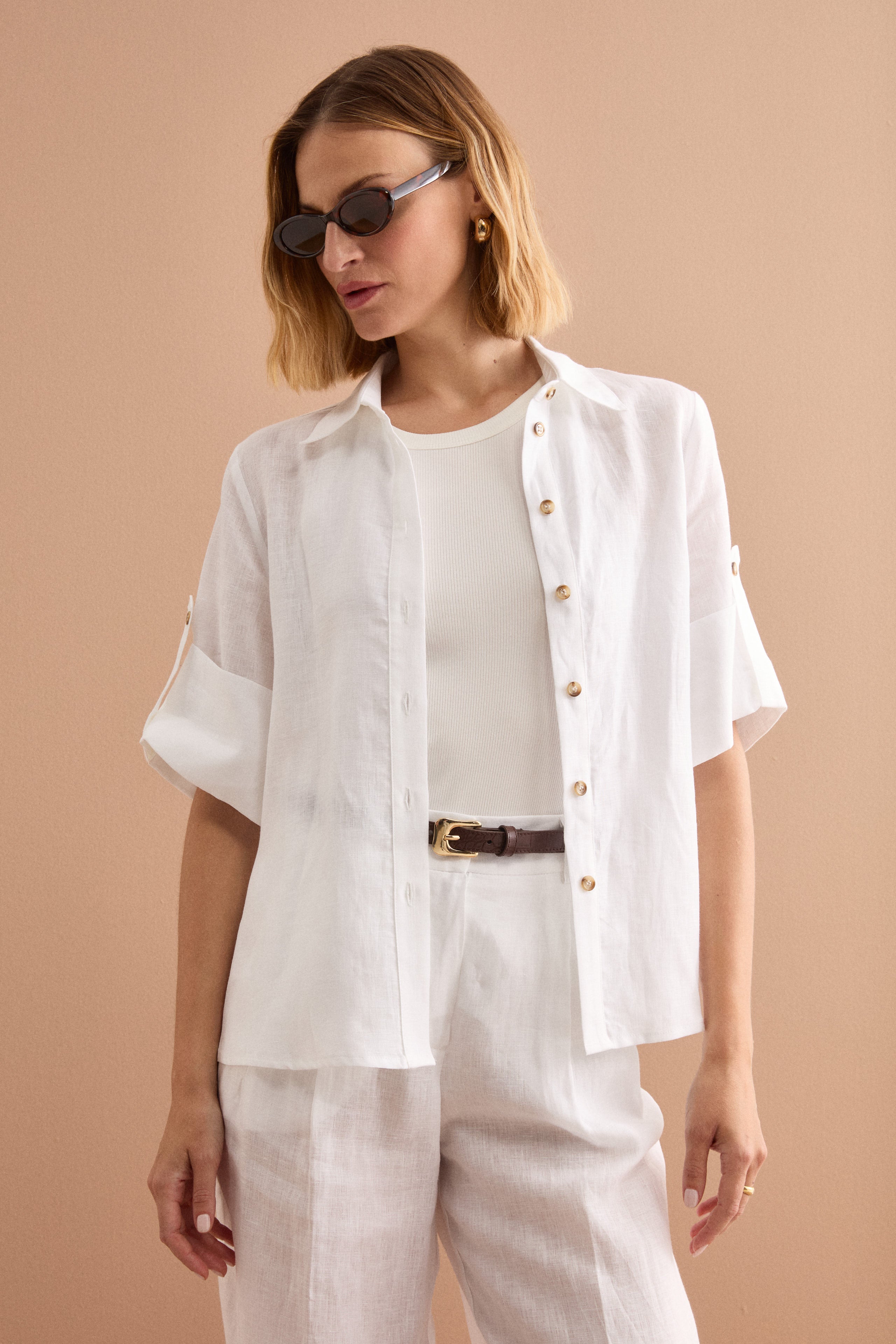 Camicia Over Cropped in Lino - BIANCO