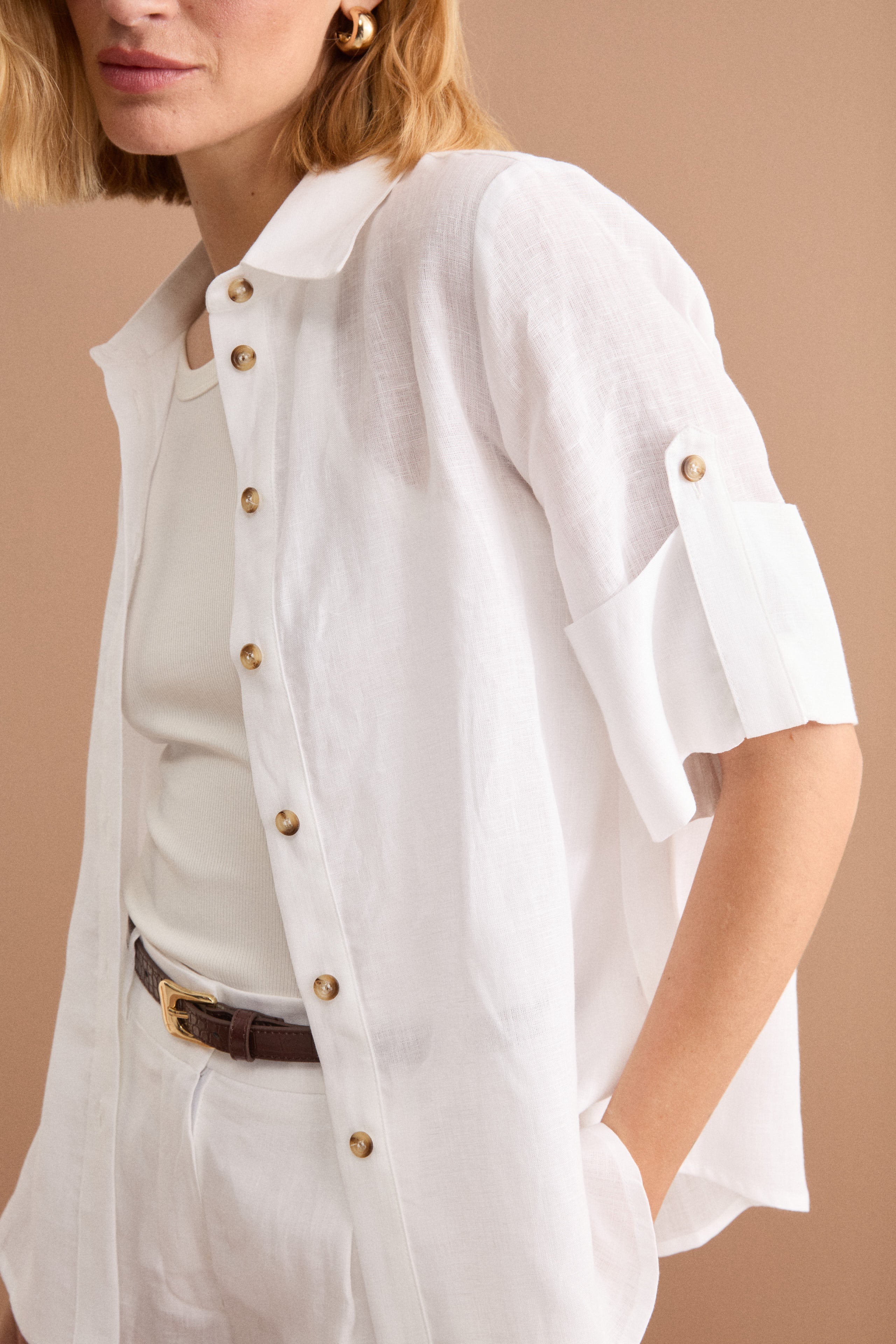 Camicia Over Cropped in Lino - BIANCO