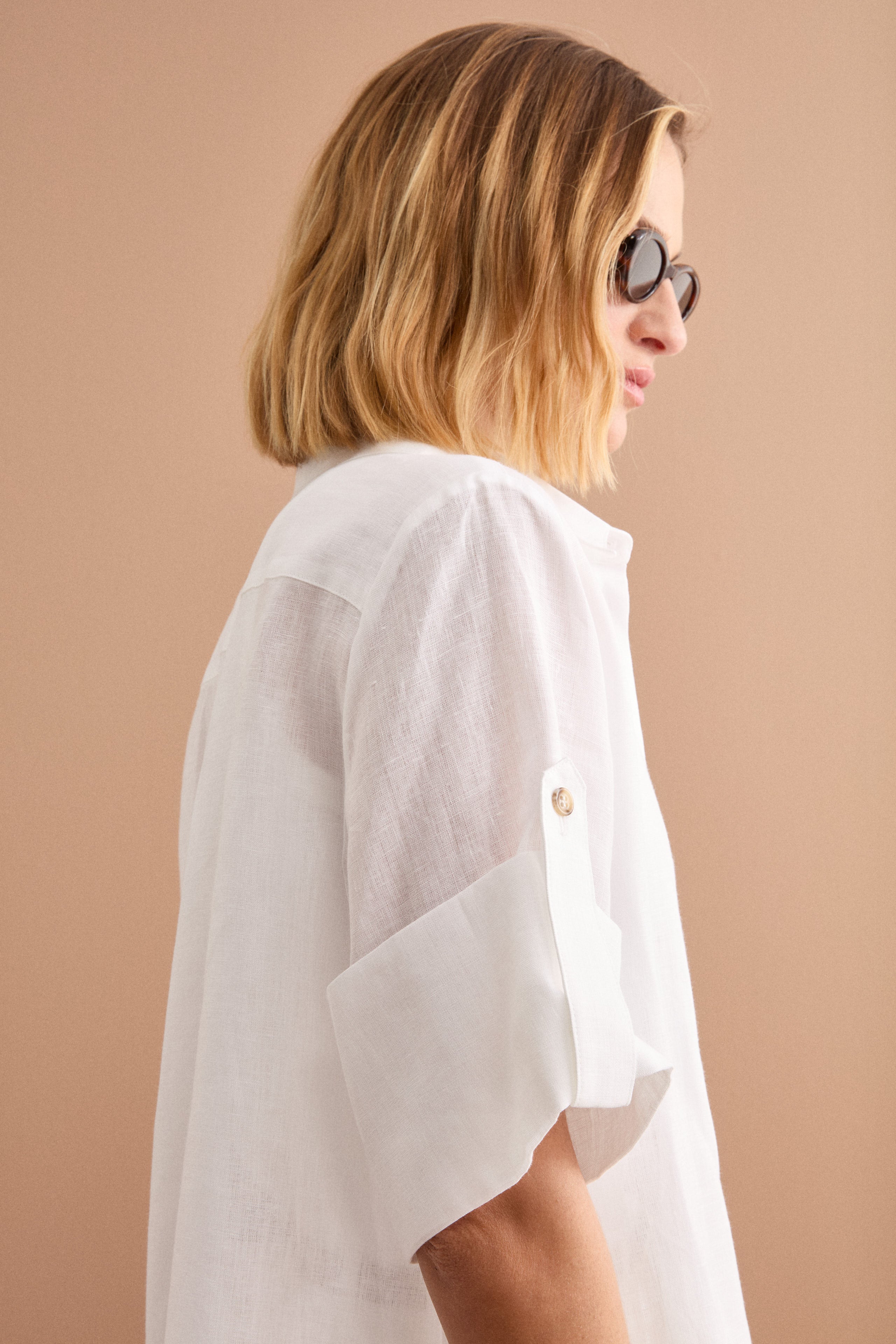 Camicia Over Cropped in Lino - BIANCO