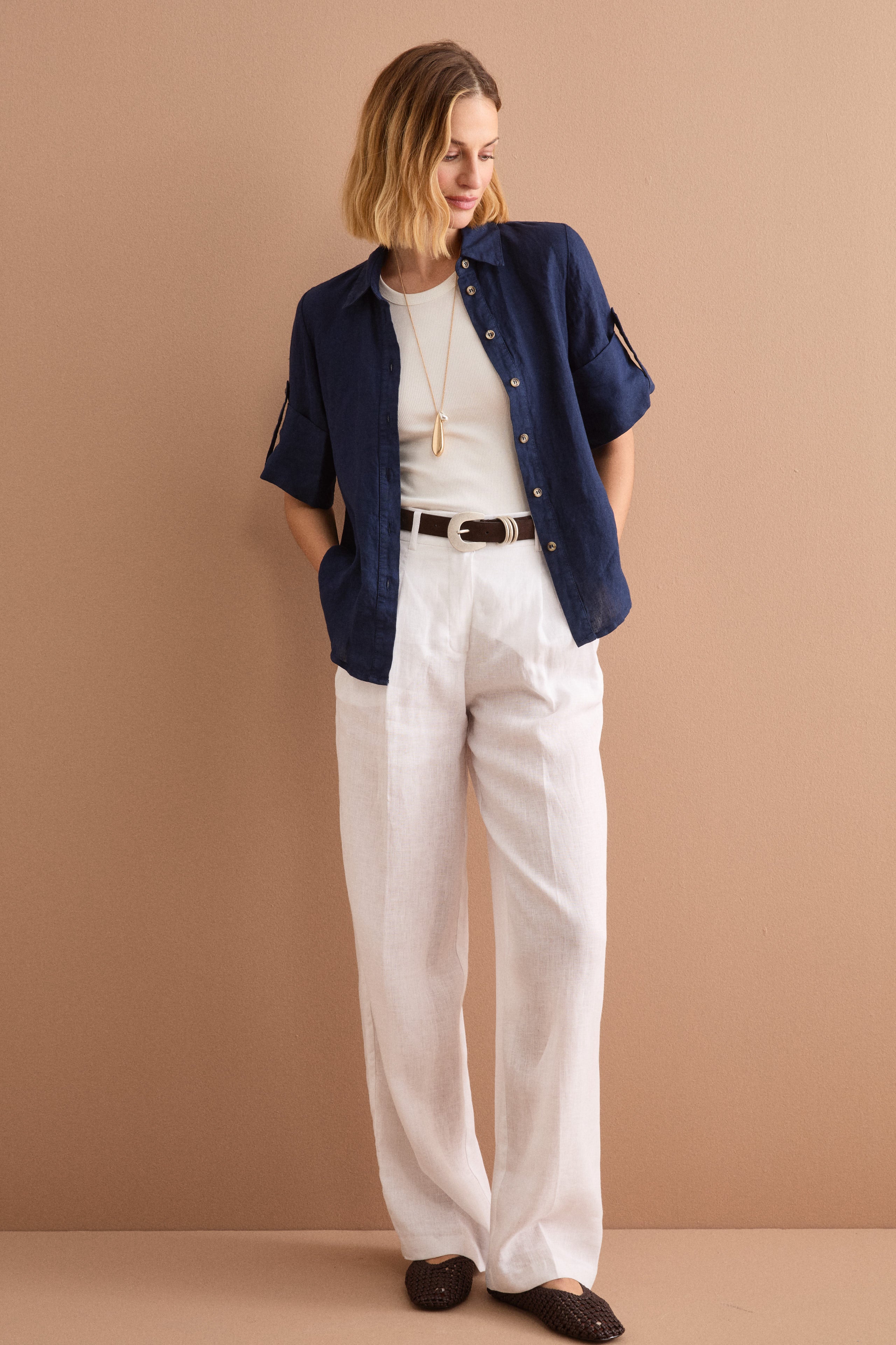 Camicia Over Cropped in Lino - NAVY