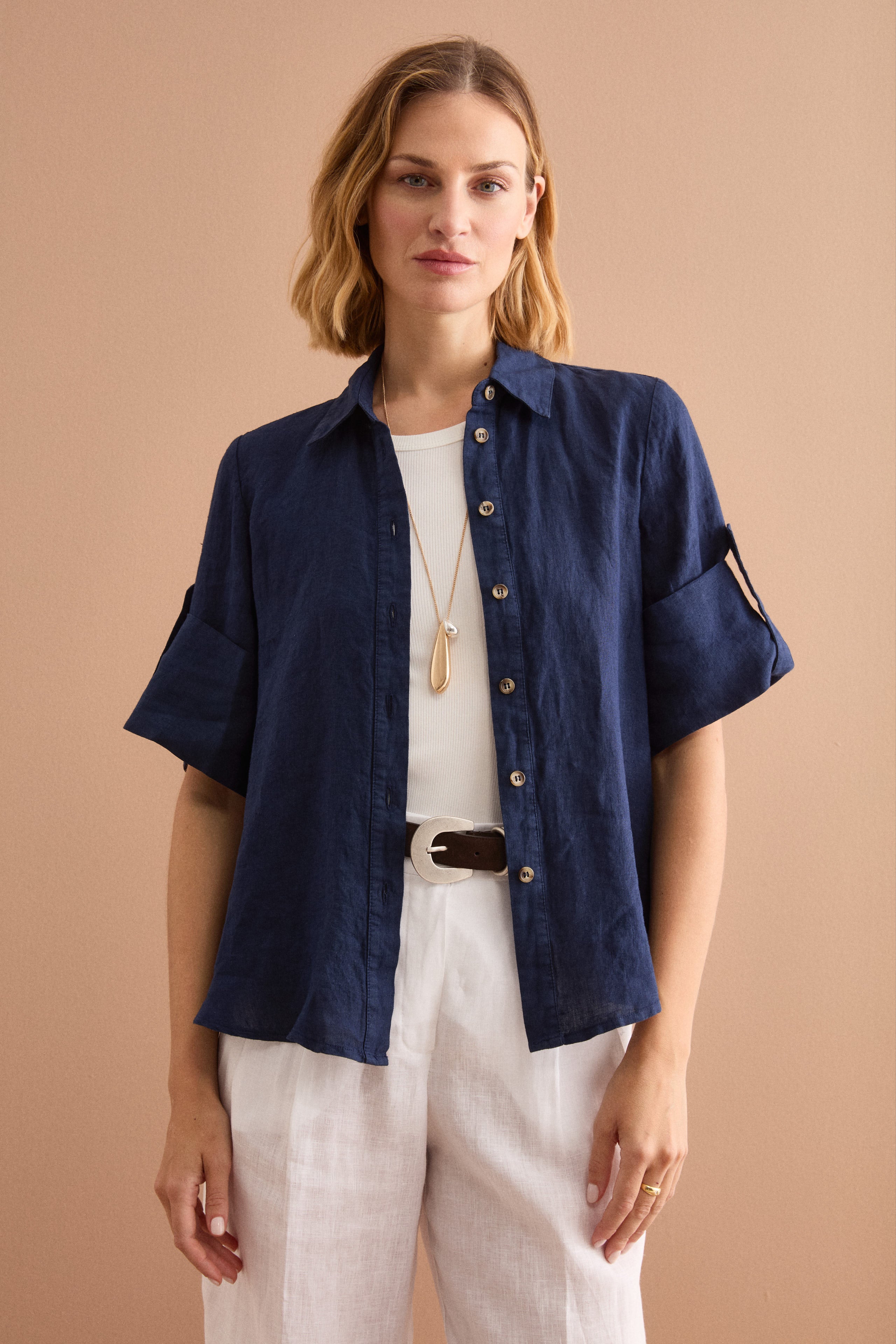 Camicia Over Cropped in Lino - NAVY