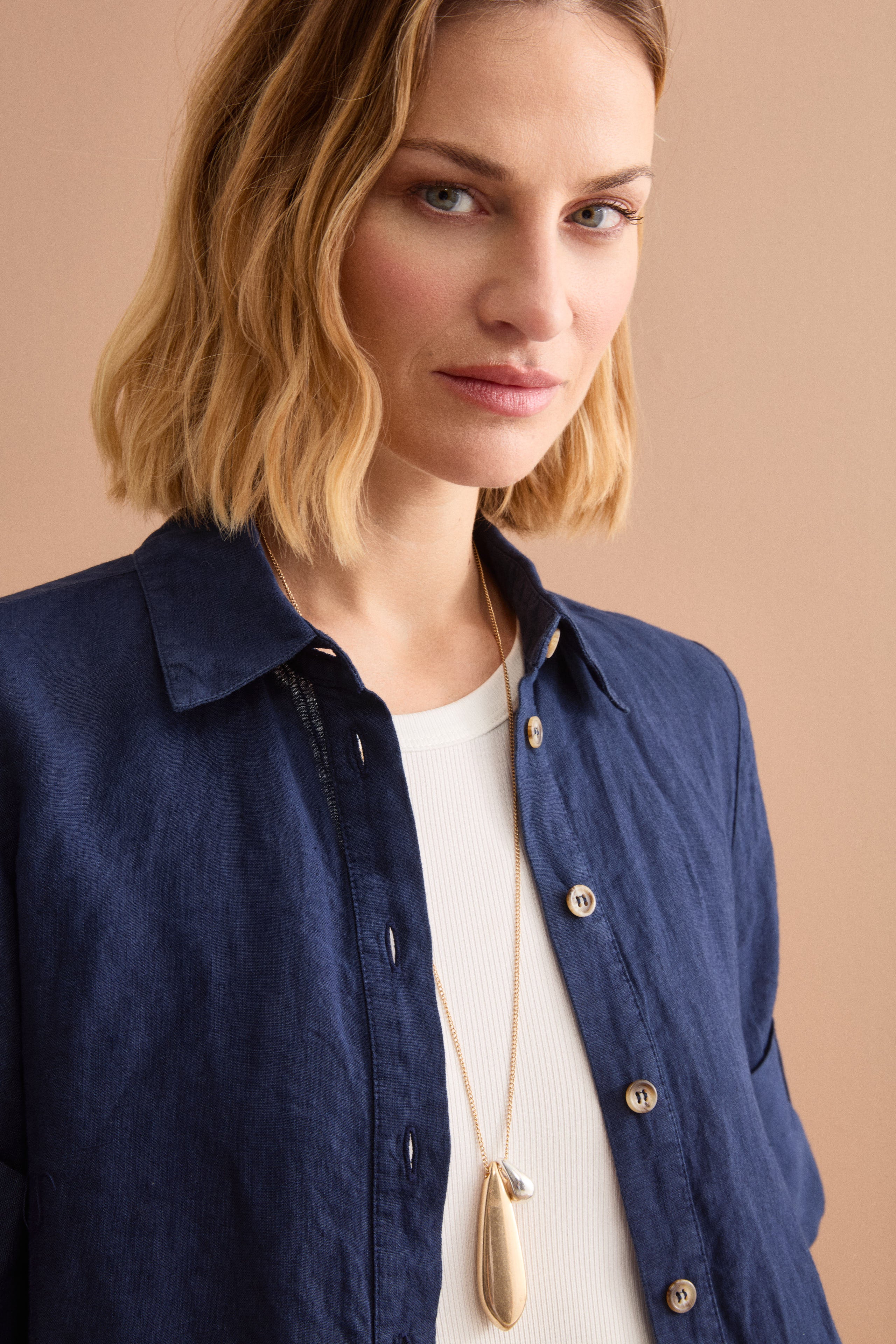 Camicia Over Cropped in Lino - NAVY