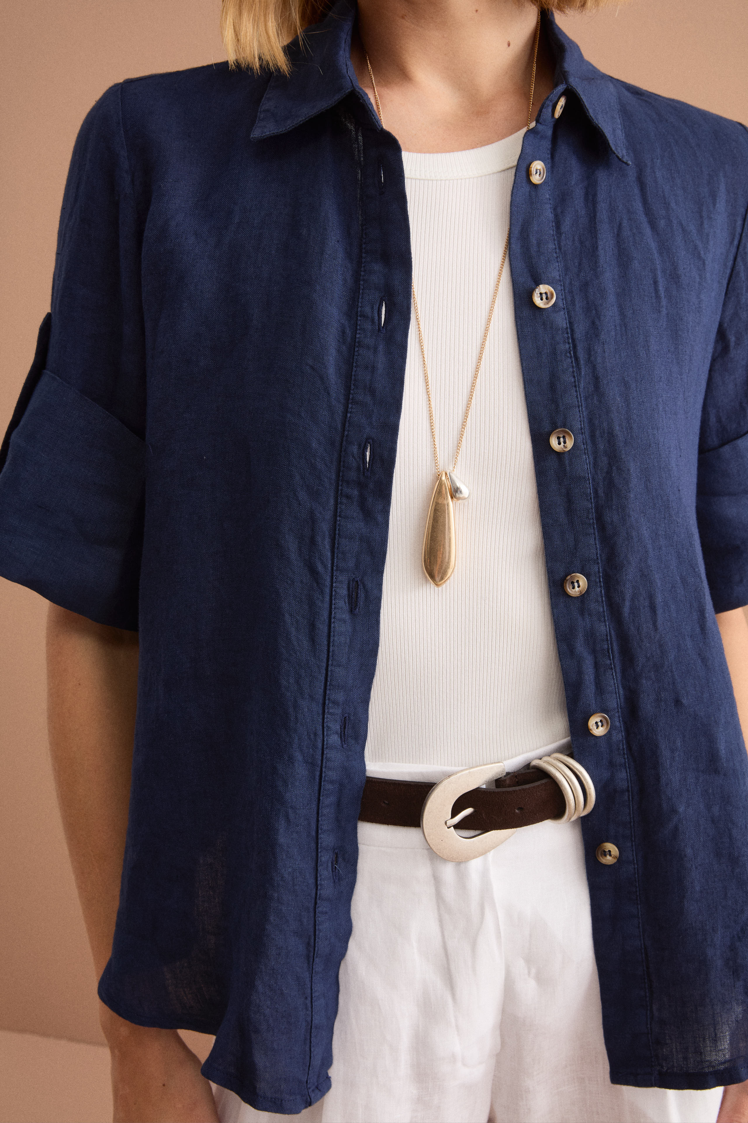 Camicia Over Cropped in Lino - NAVY