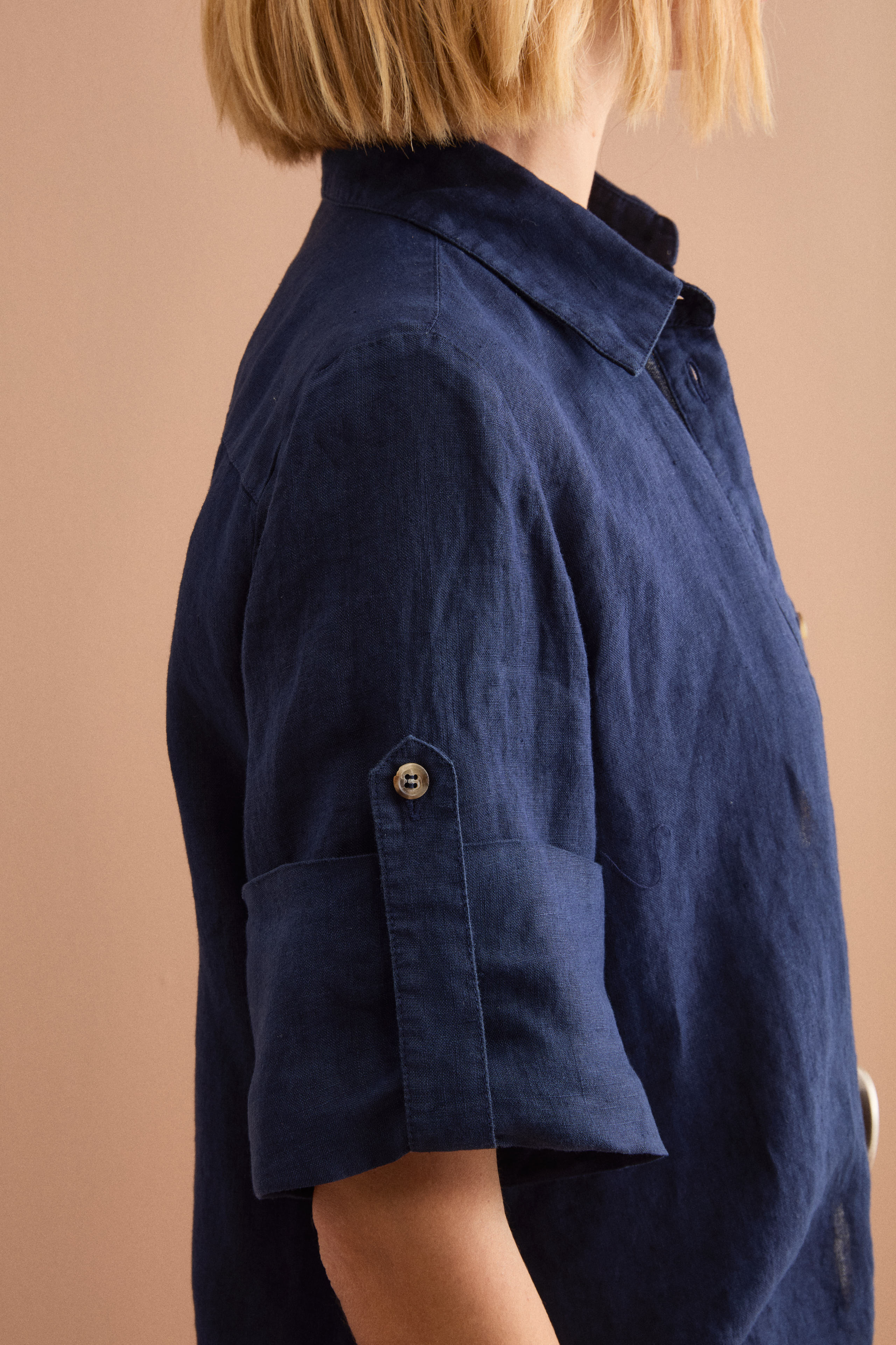 Camicia Over Cropped in Lino - NAVY