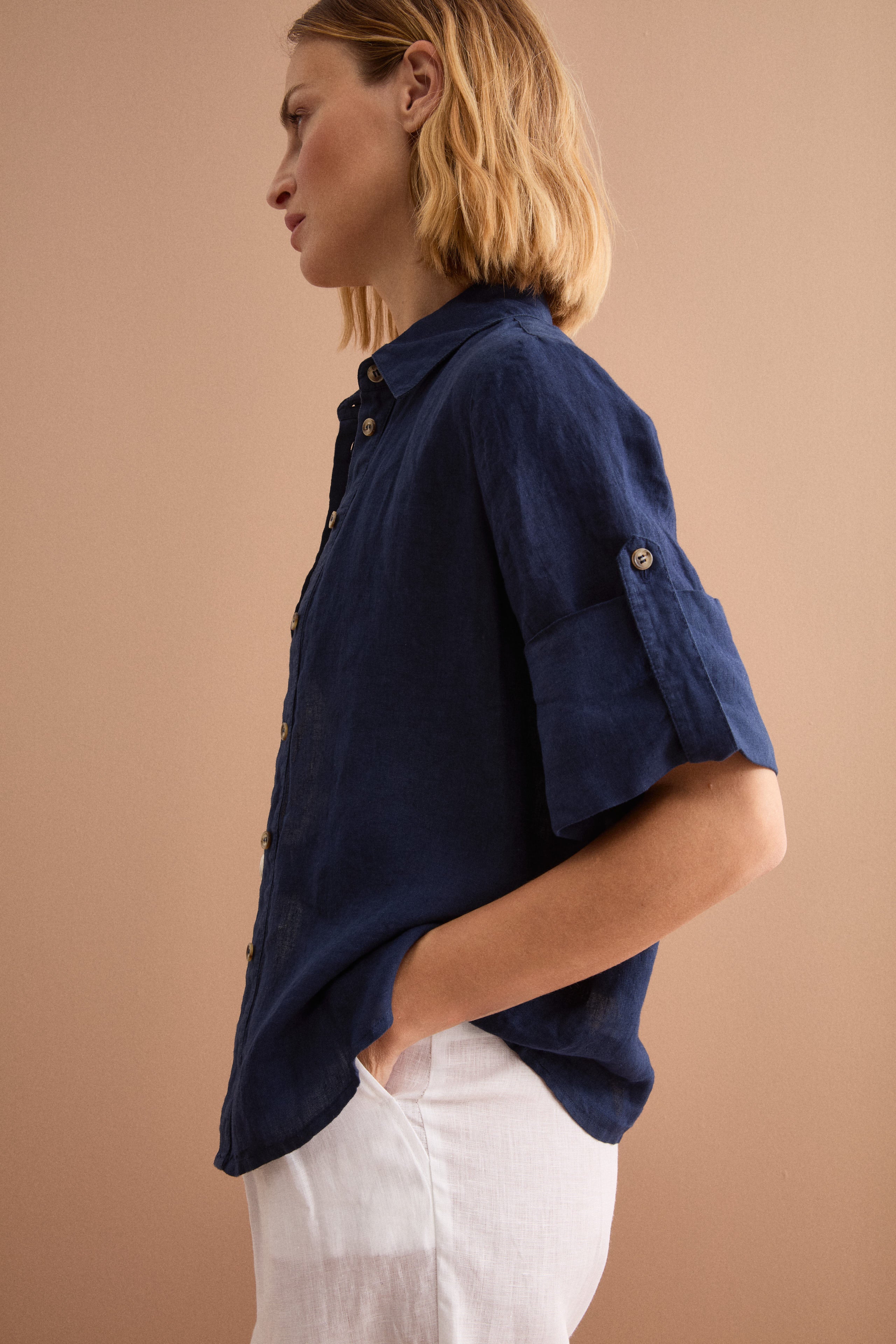 Camicia Over Cropped in Lino - NAVY