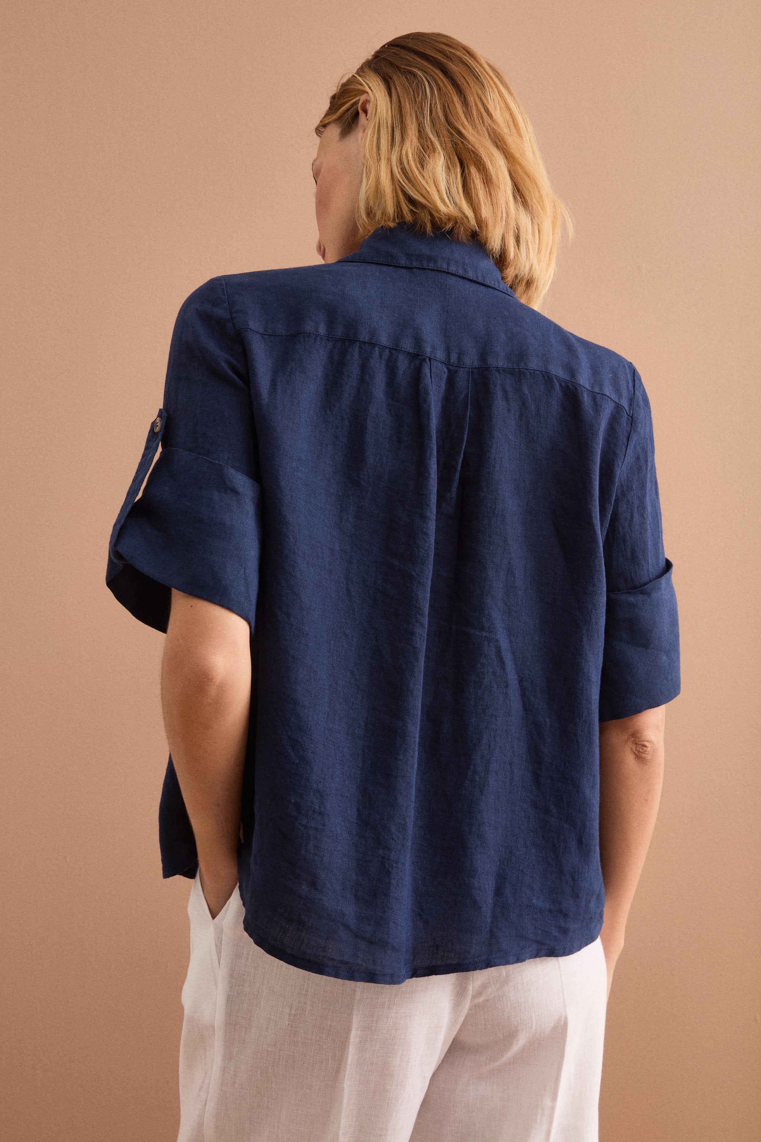 Camicia Over Cropped in Lino - NAVY