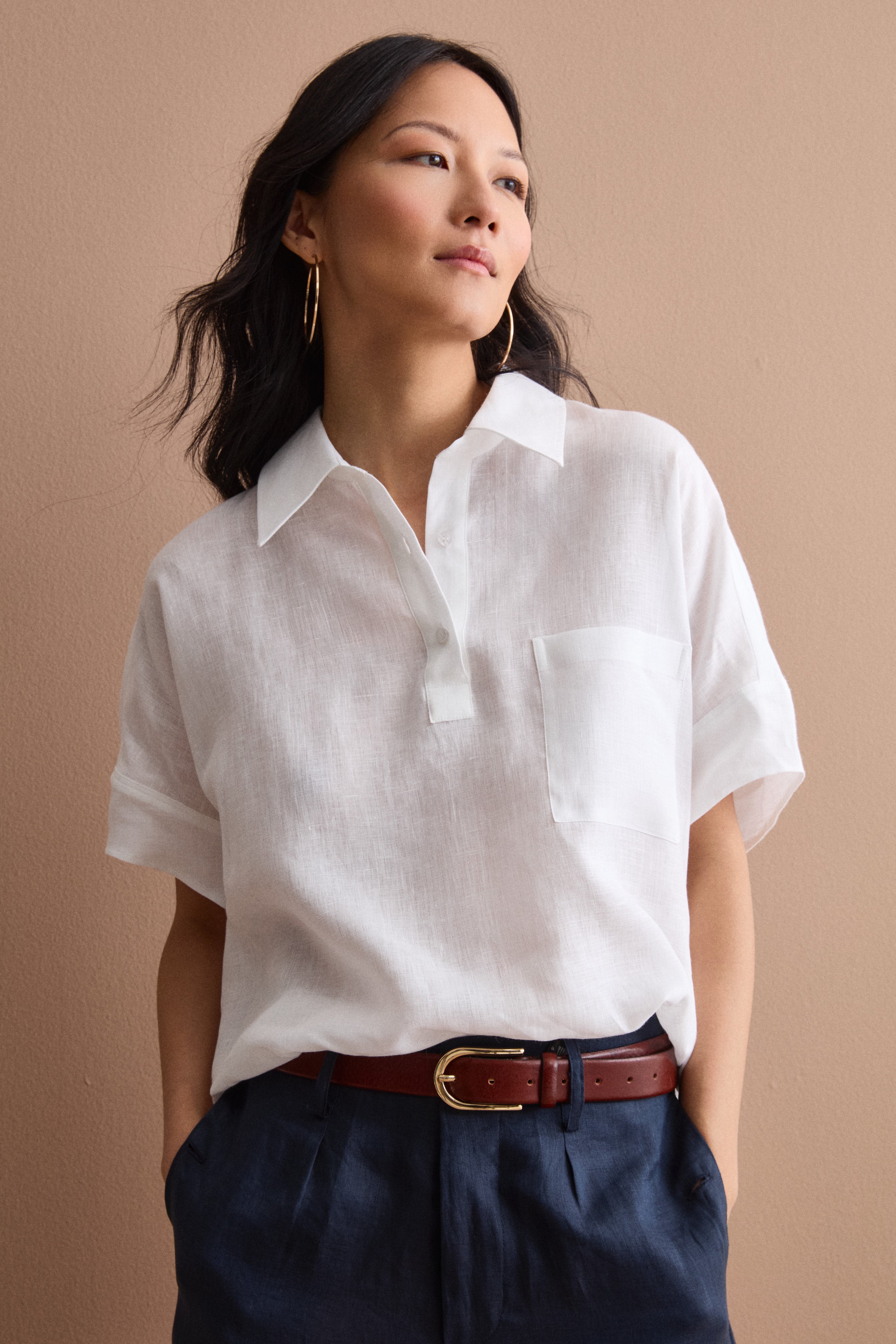 Camicia Polo Over in Lino con Taschino - BIANCO