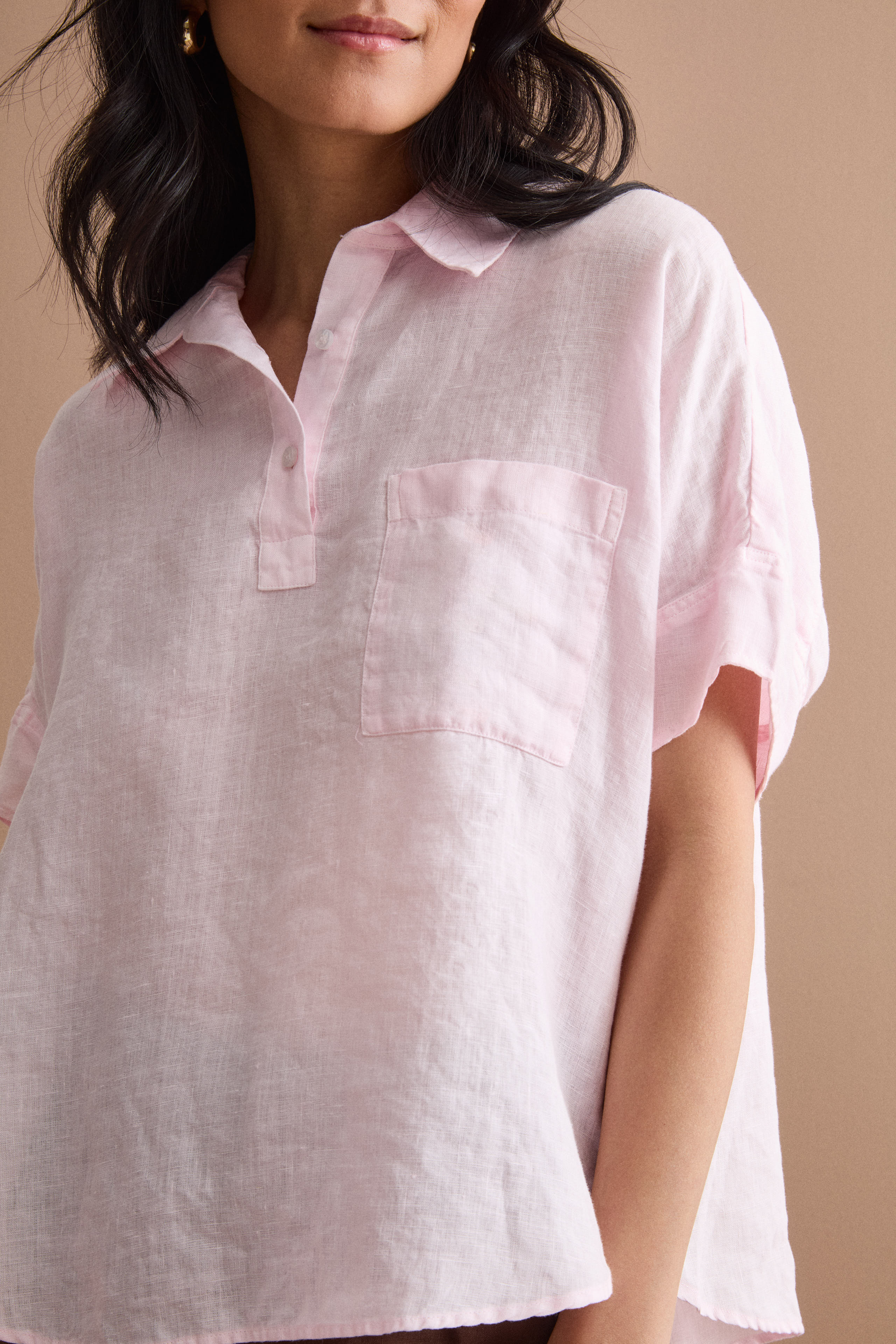 Camicia Polo Over in Lino con Taschino - ROSA