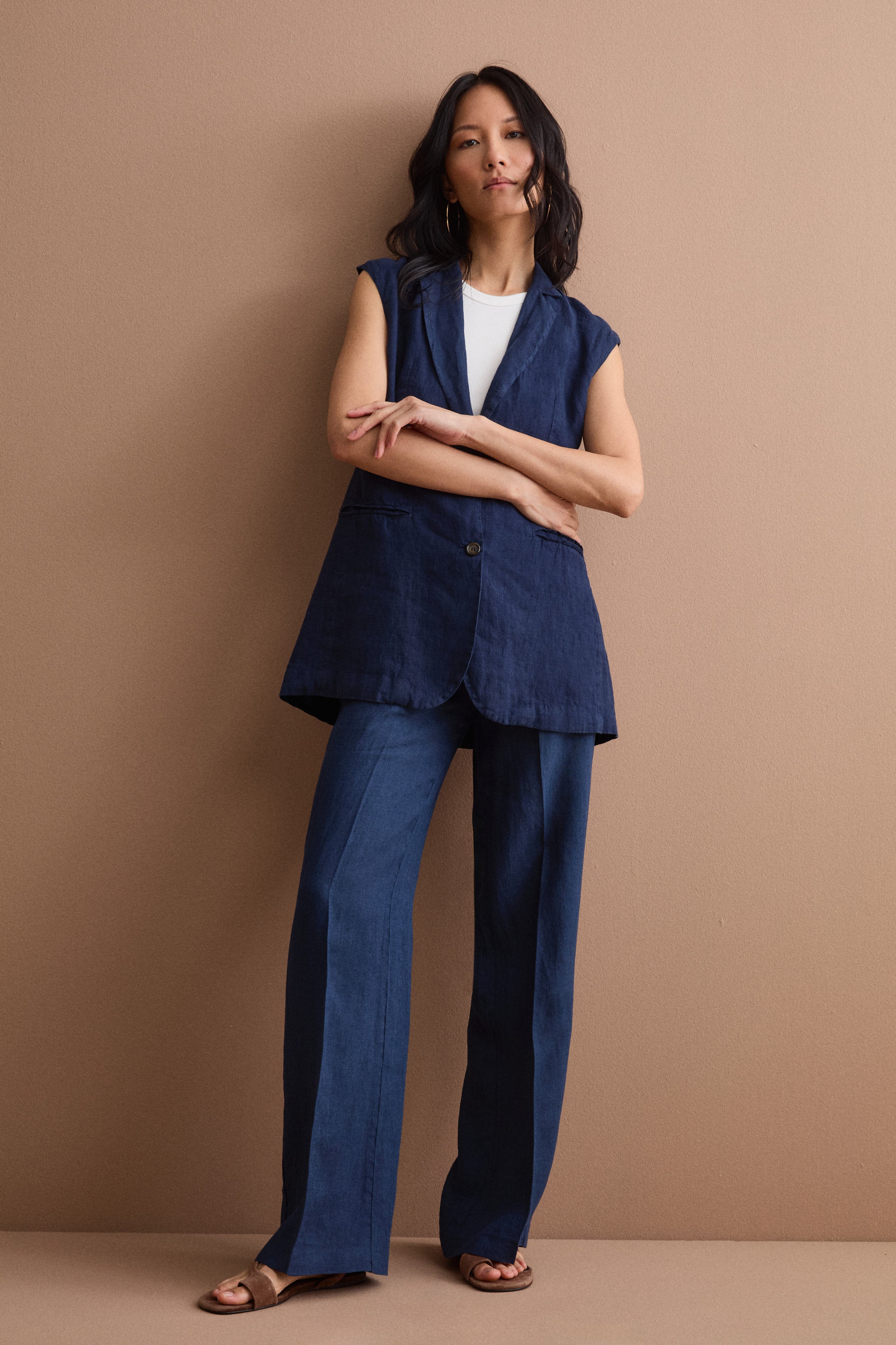 Pantalone Wide Leg in Lino - NAVY