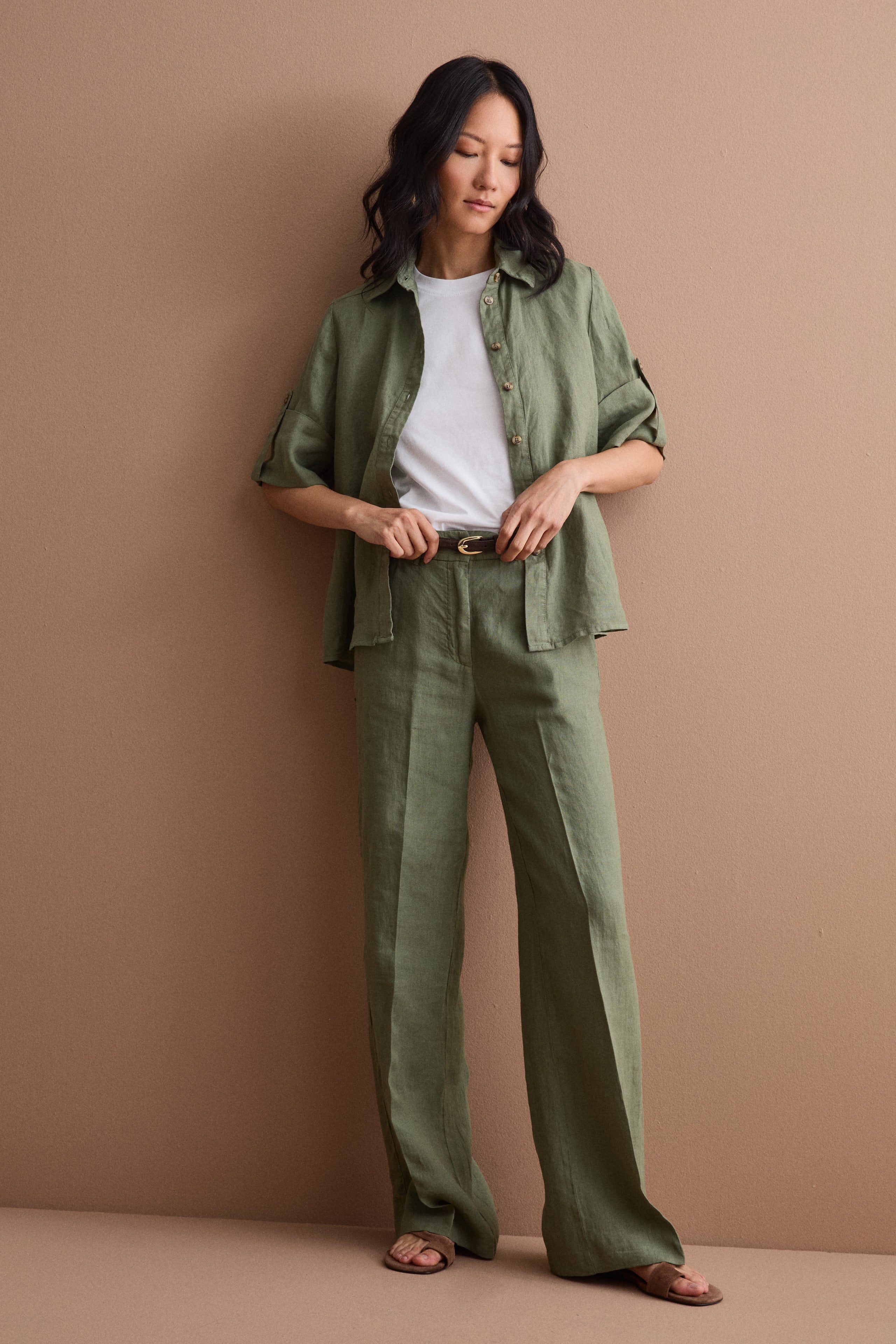 Pantalone Wide Leg in Lino - VERDE MILITARE
