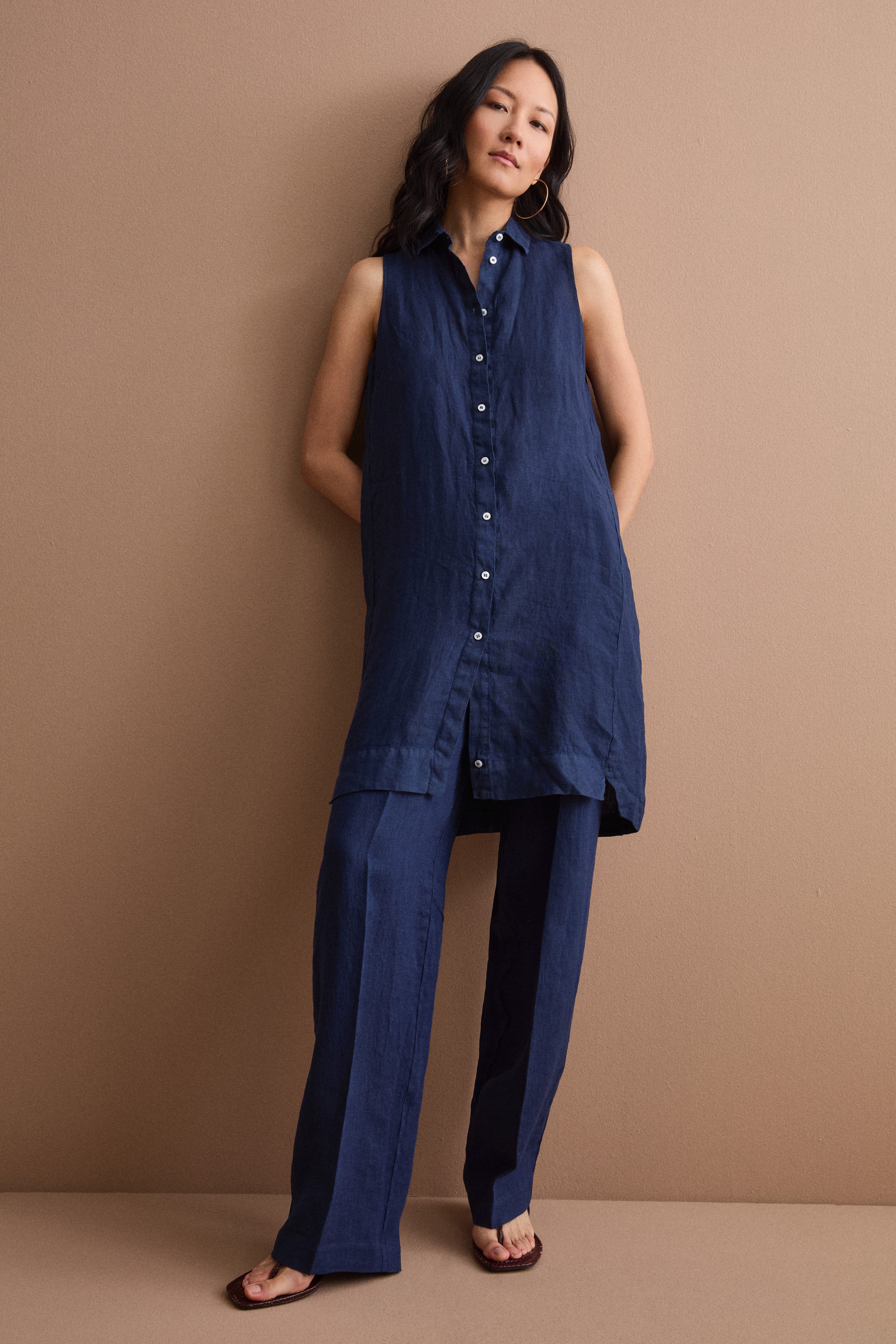 Pantalone Gamba Larga in Lino con Pinces - NAVY