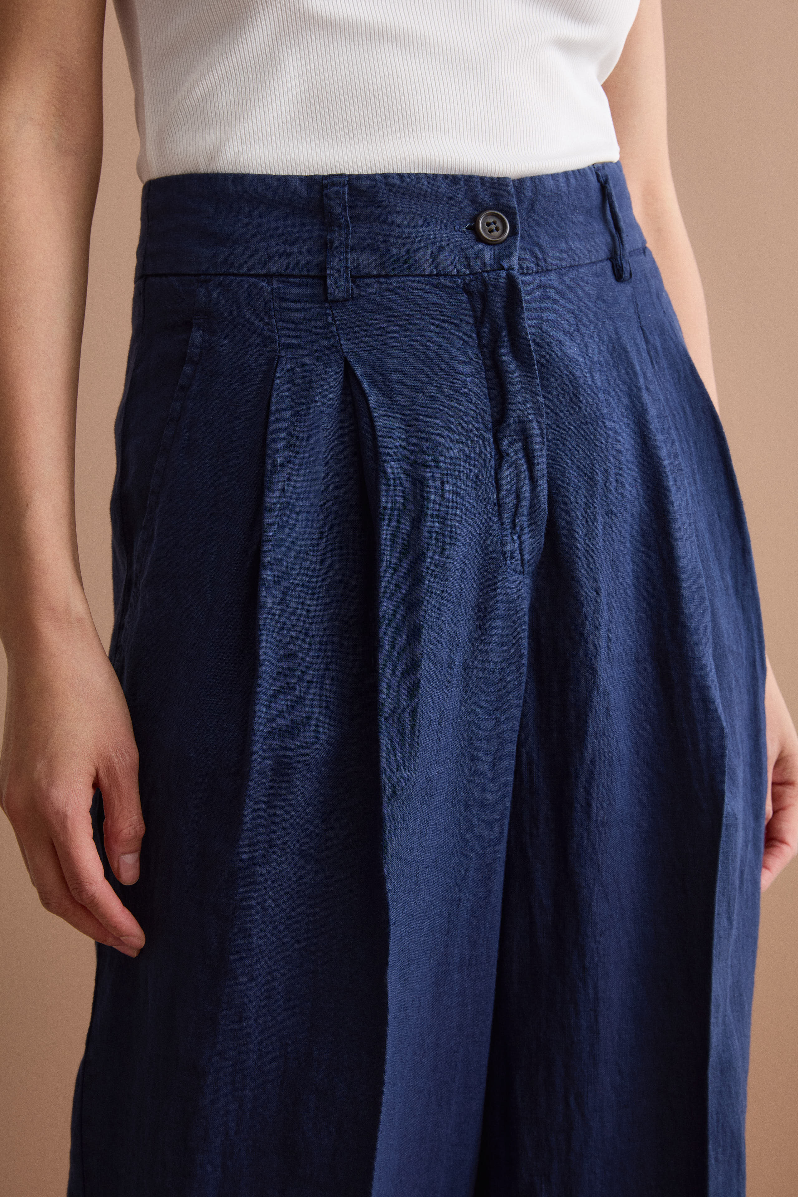Pantalone Gamba Larga in Lino con Pinces - NAVY