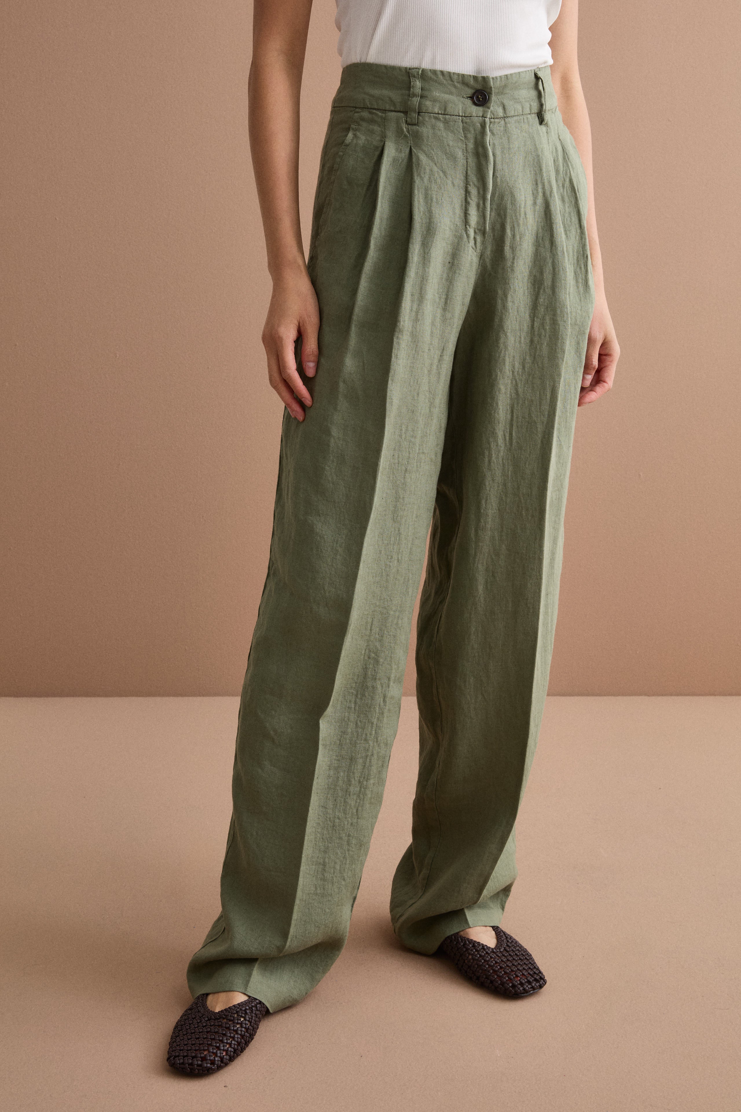 Pantalone Gamba Larga in Lino con Pinces - VERDE MILITARE
