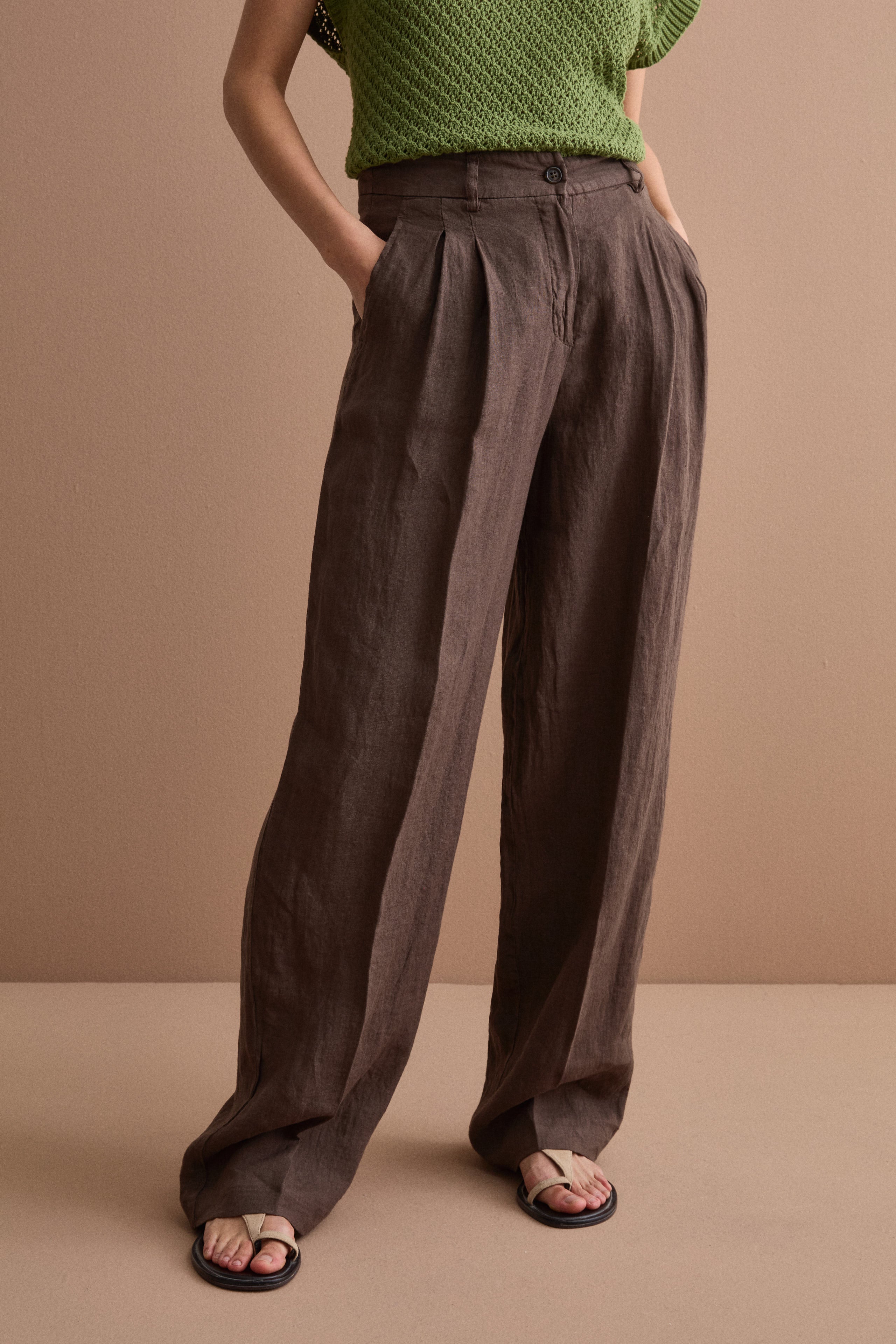 Pantalone Gamba Larga in Lino con Pinces - T.MORO