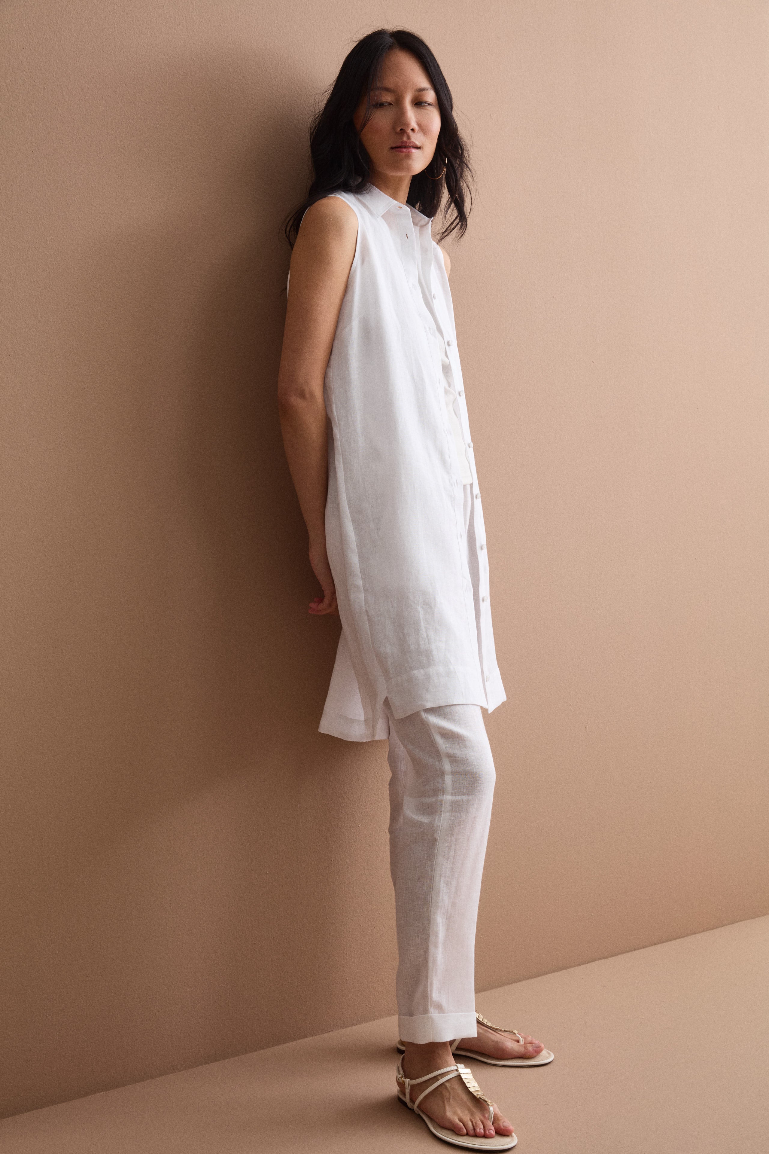 Pantalone a Sigaretta in Lino con Risvolto - BIANCO