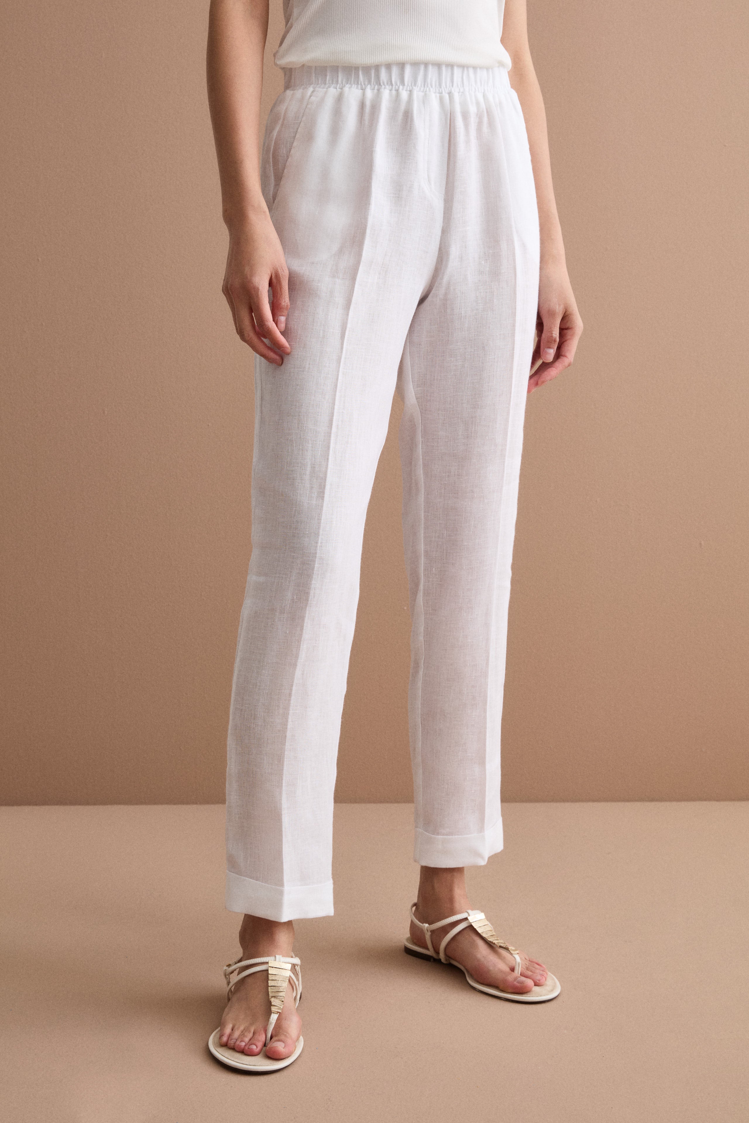 Pantalone a Sigaretta in Lino con Risvolto - BIANCO