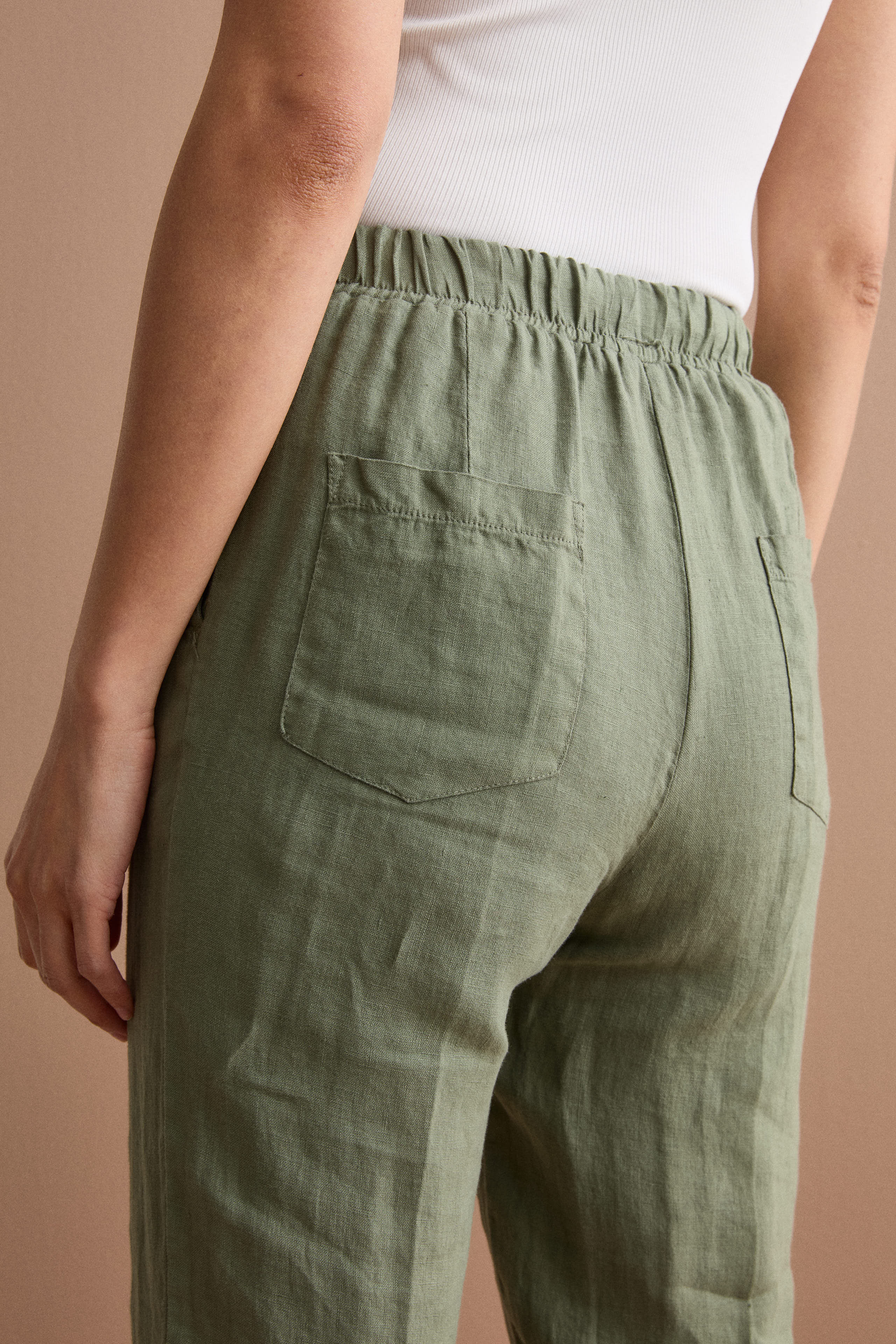 Pantalone a Sigaretta in Lino con Risvolto - VERDE MILITARE