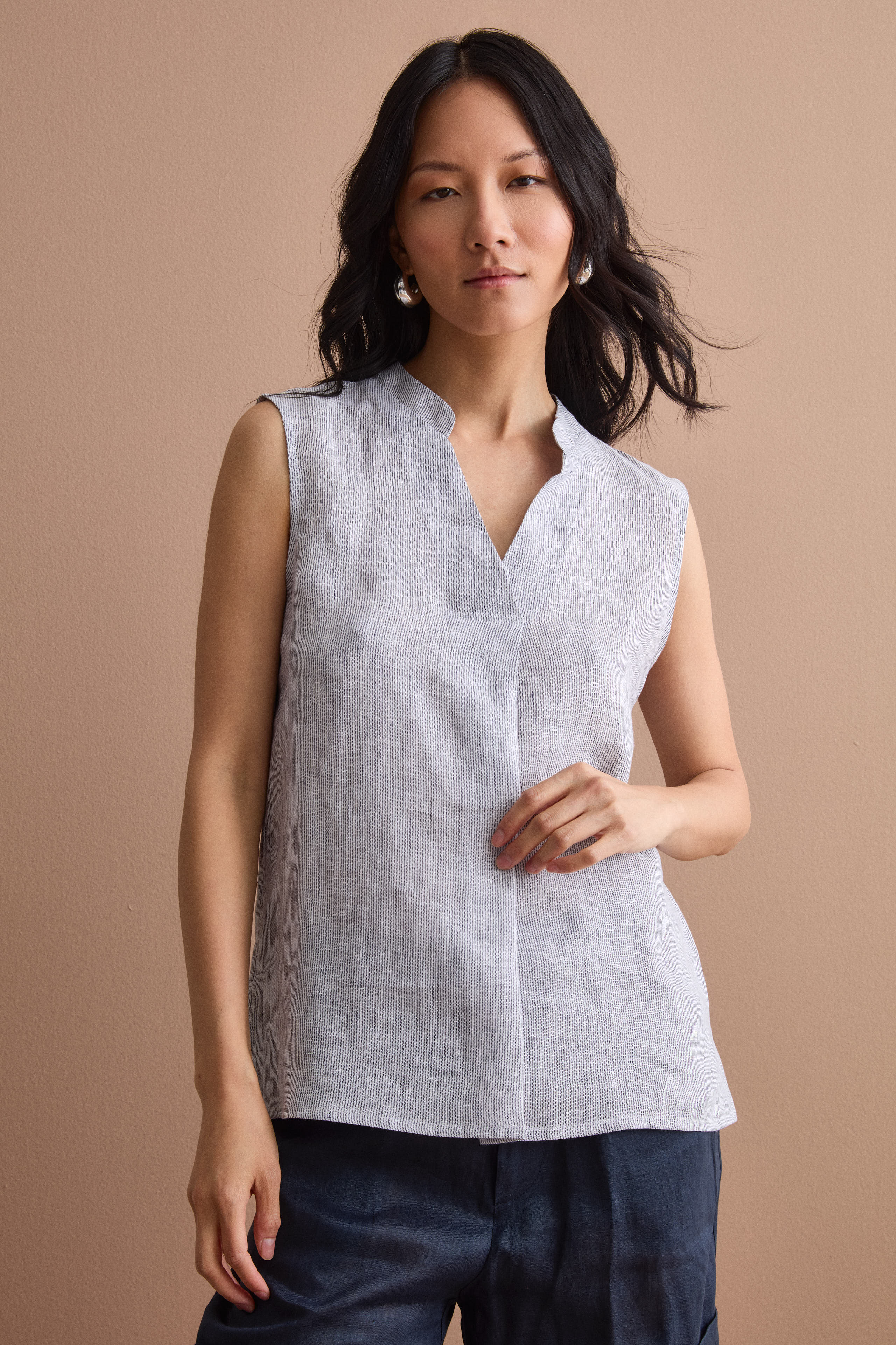Top Smanicato a Righe in Lino - BLU RIGATO