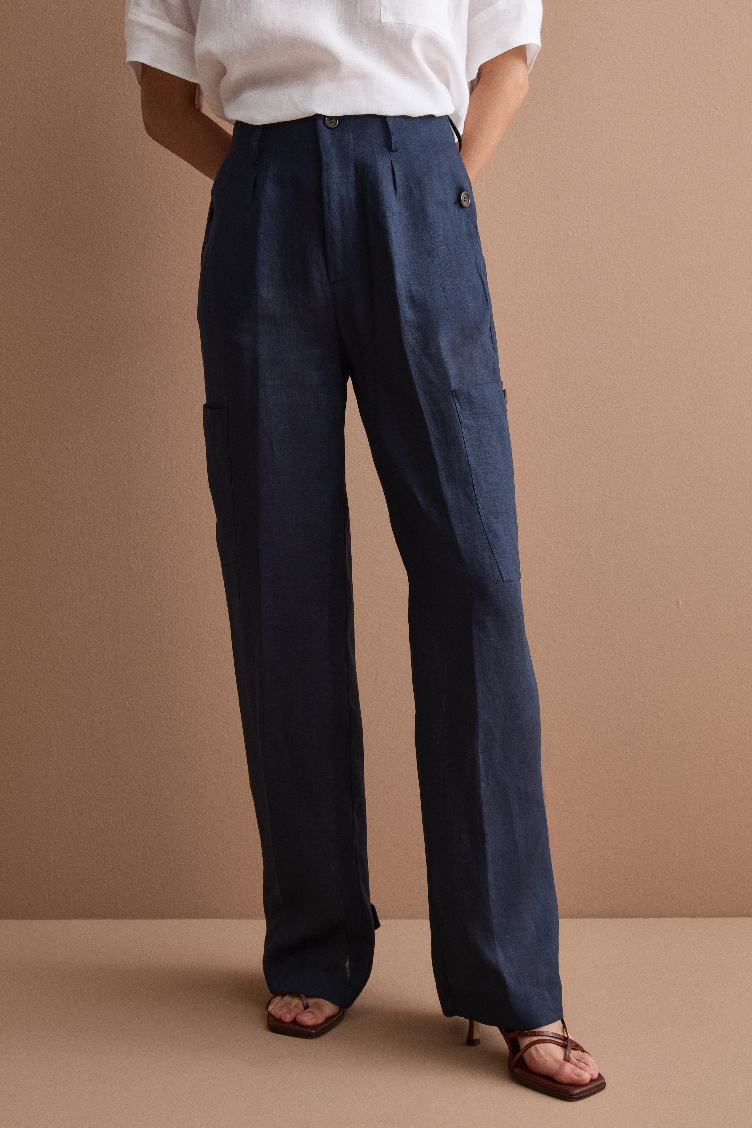 Pantalone Cargo in Lino con Pinces - NAVY