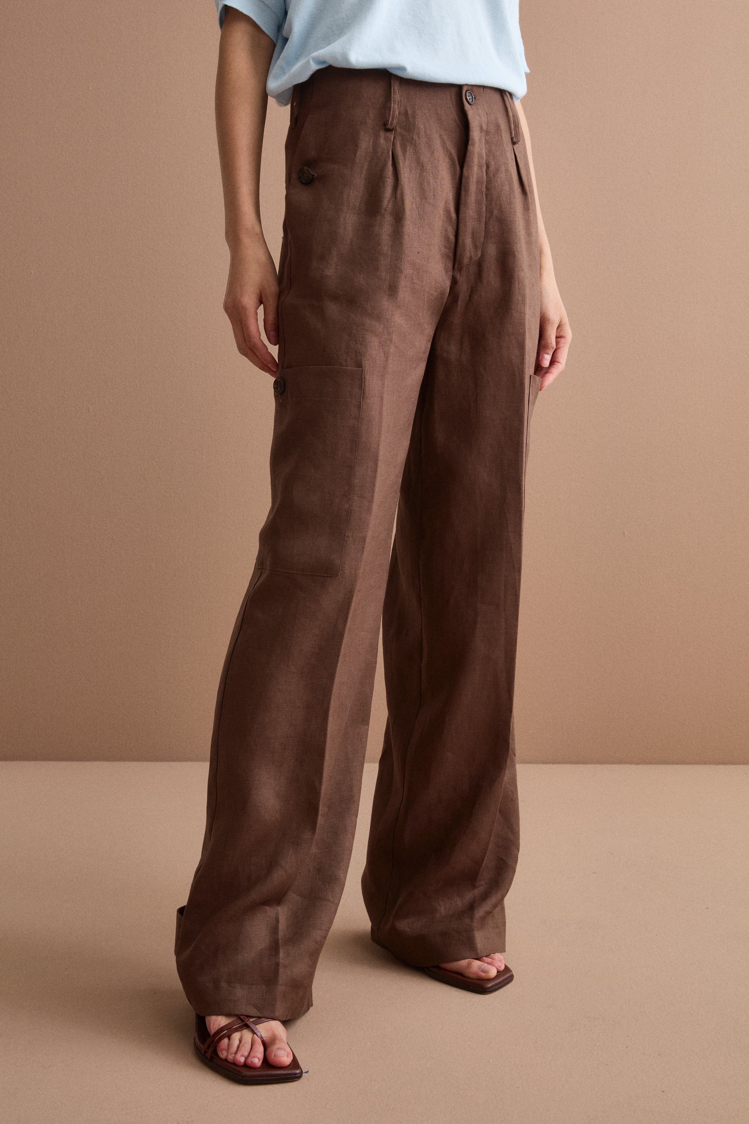 Pantalone Cargo in Lino con Pinces - T.MORO