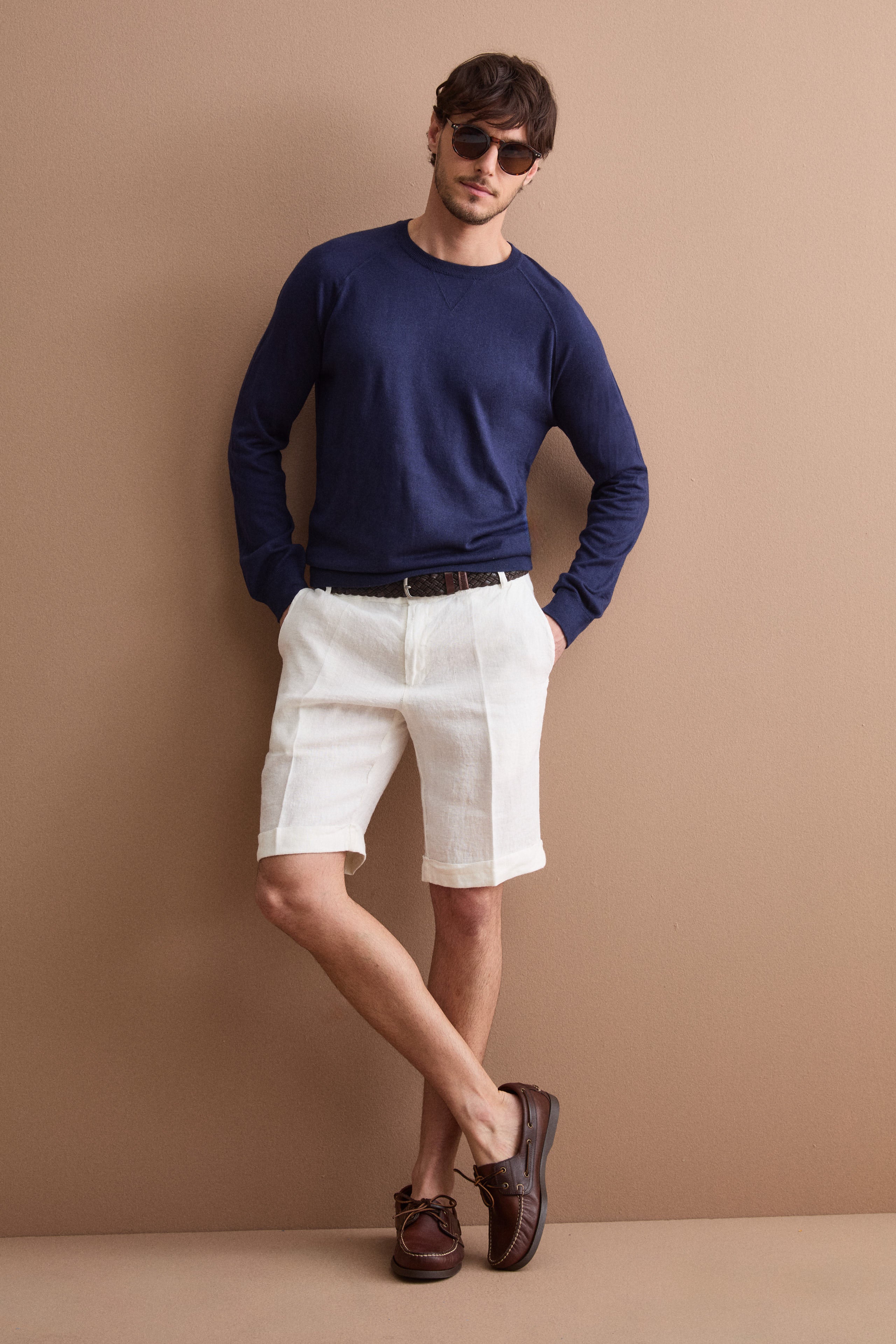 Bermuda Uomo in Lino Regular Fit con Risvolto - PANNA