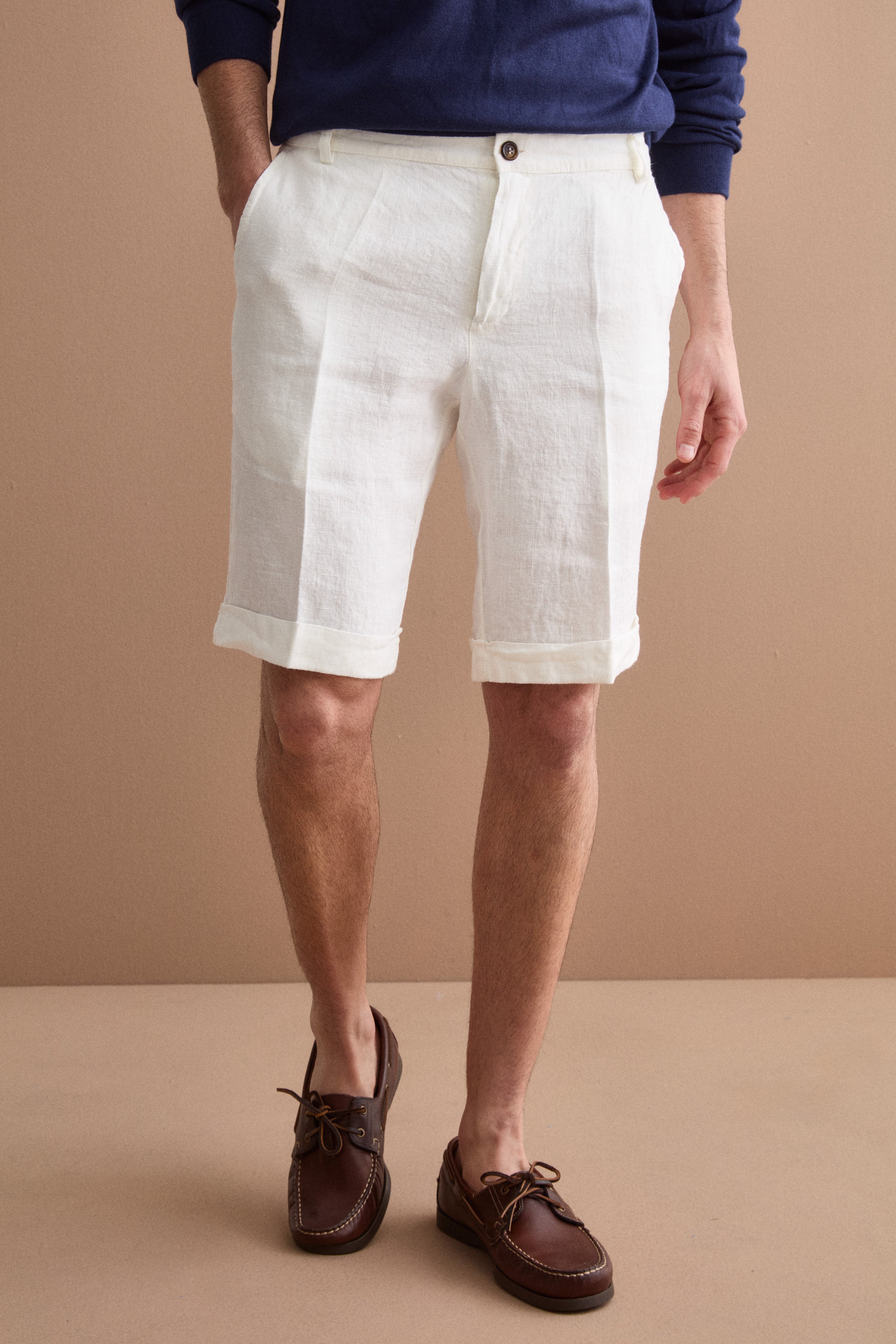 Bermuda Uomo in Lino Regular Fit con Risvolto - PANNA