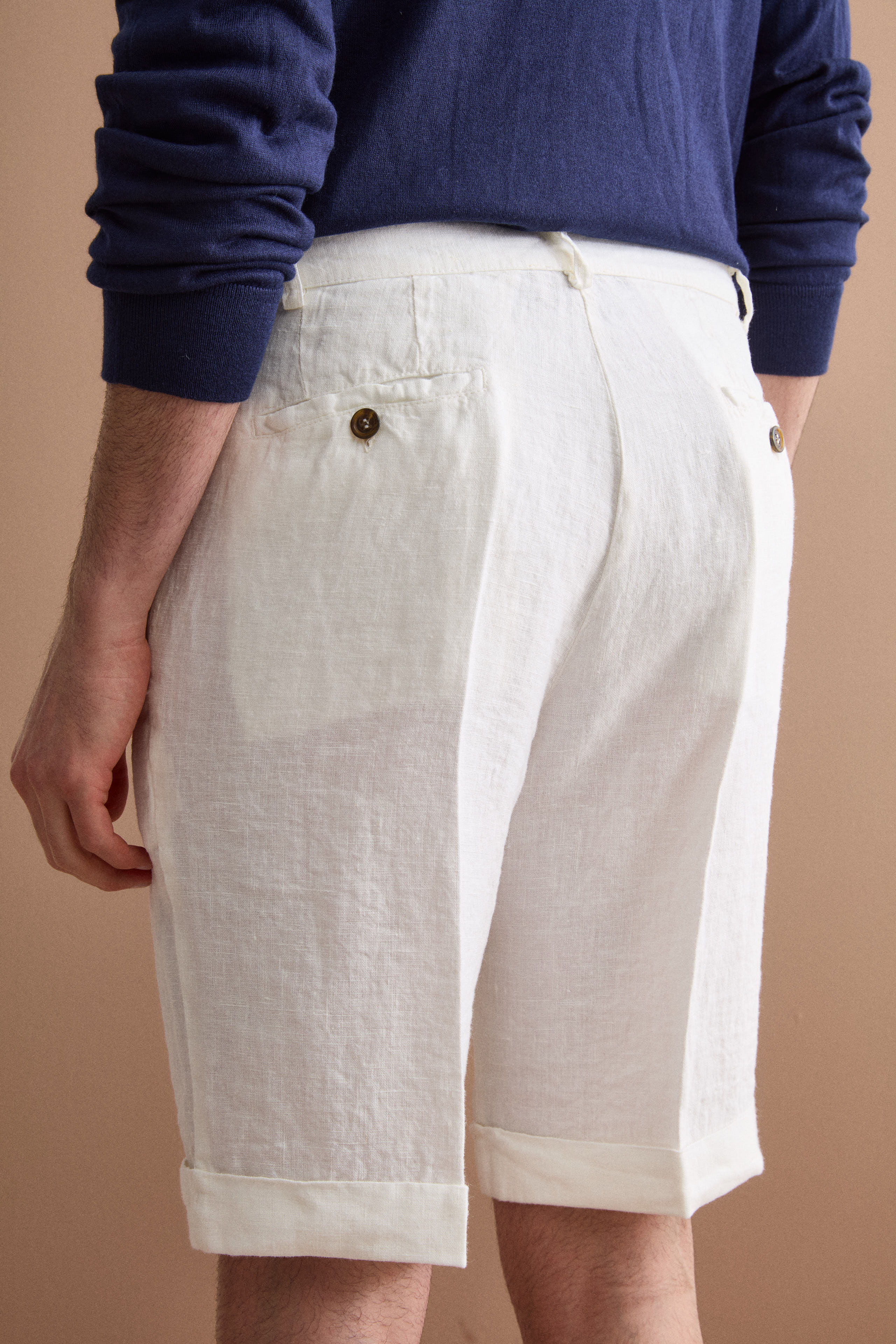 Bermuda Uomo in Lino Regular Fit con Risvolto - PANNA