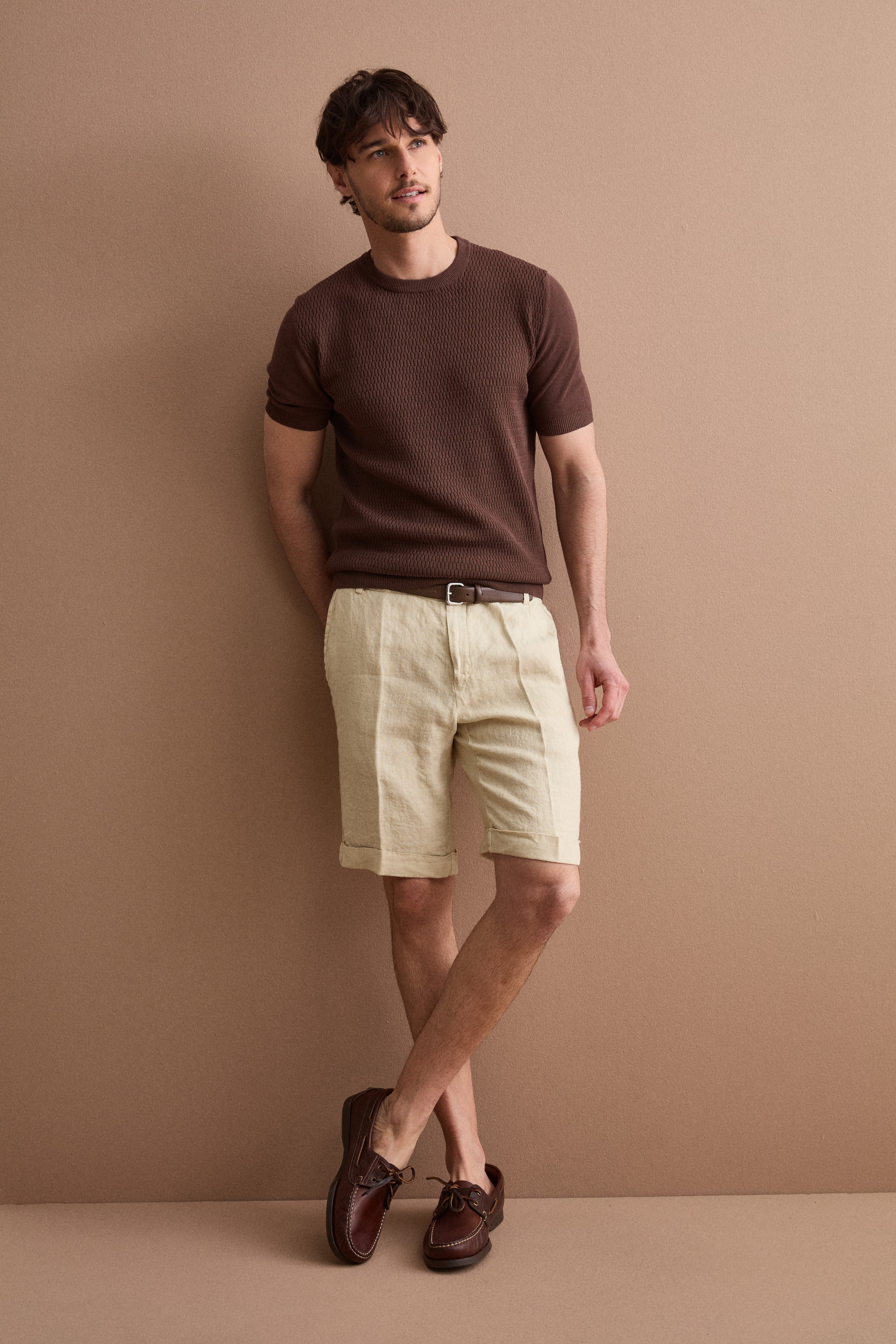Bermuda Uomo in Lino Regular Fit con Risvolto - SABBIA