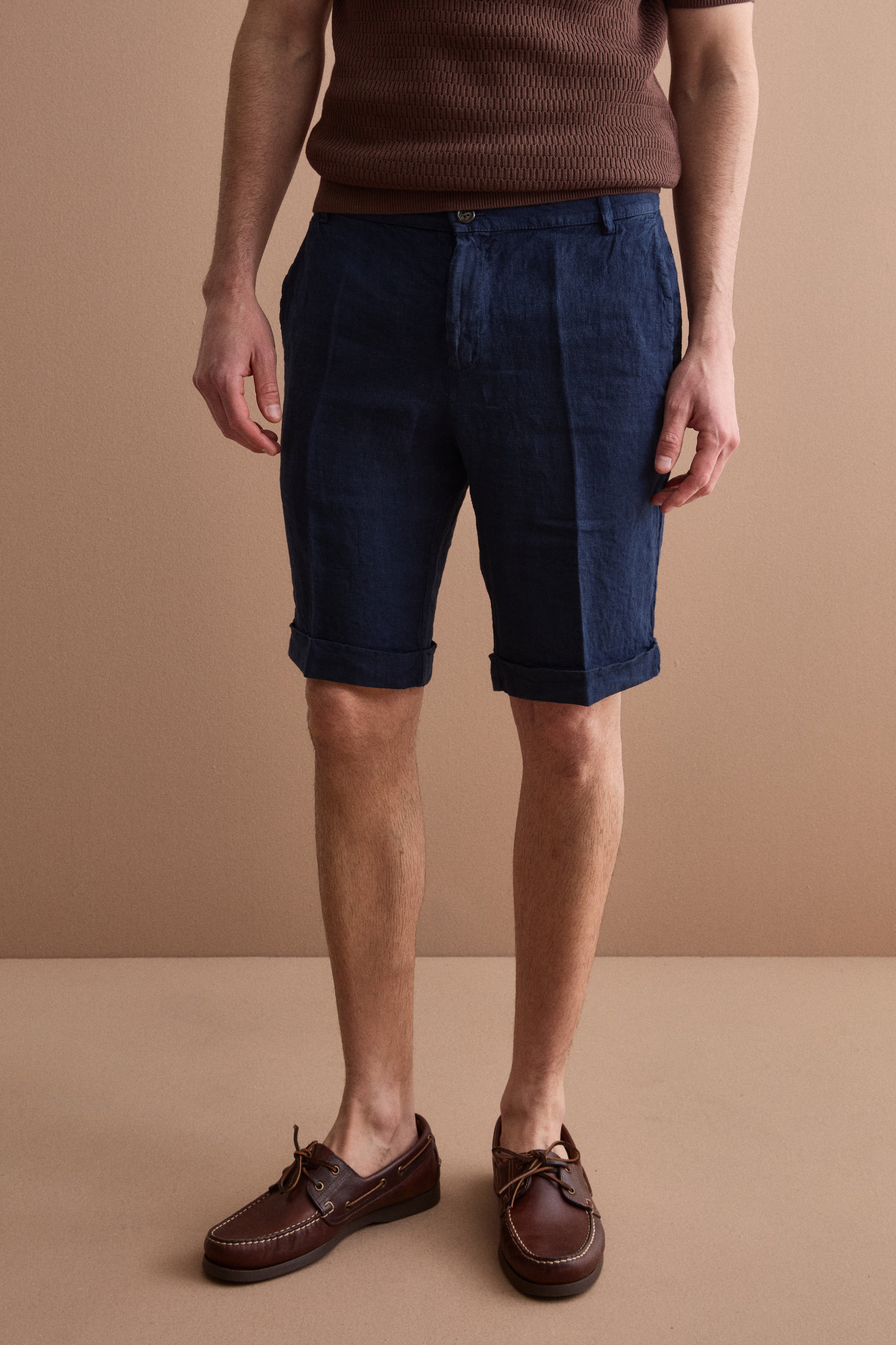 Bermuda Uomo in Lino Regular Fit con Risvolto - BLU