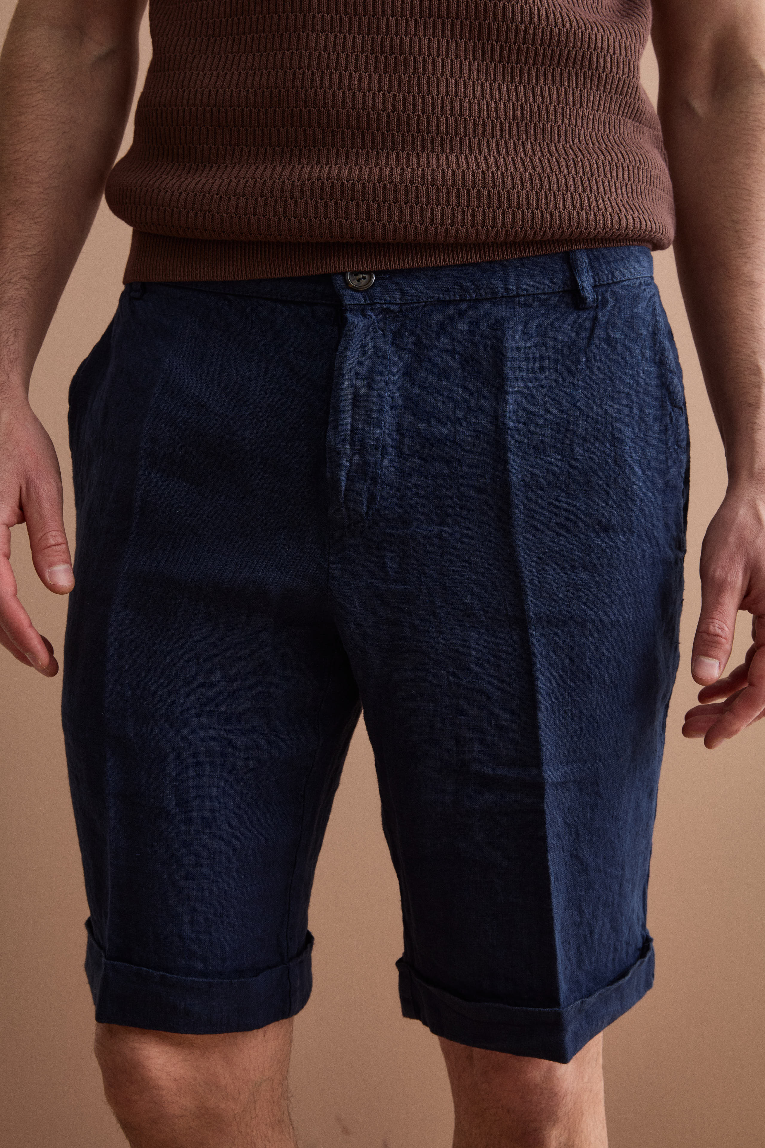 Bermuda Uomo in Lino Regular Fit con Risvolto - BLU
