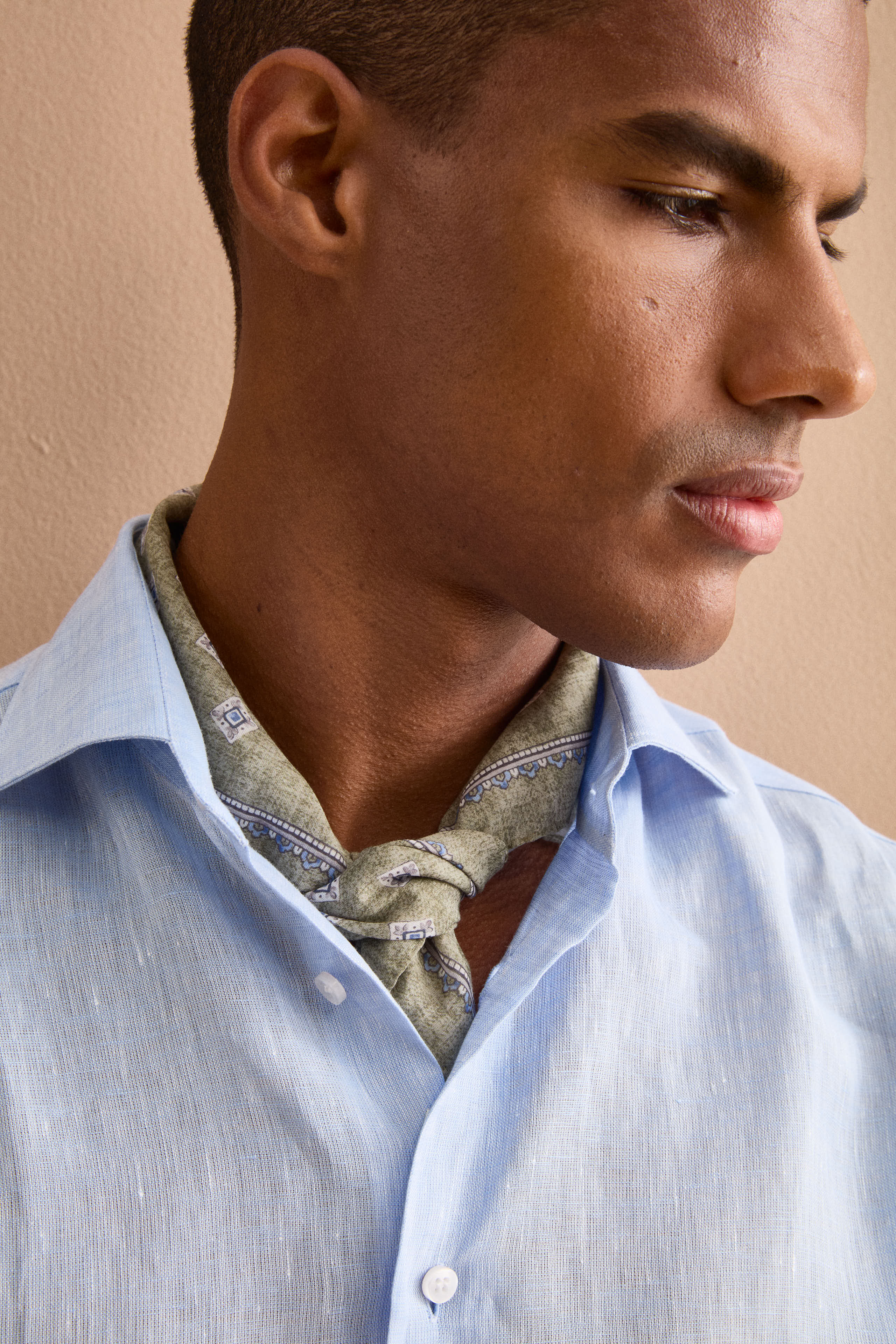 Camicia in Lino Regular con Collo Francese - AZZURRO