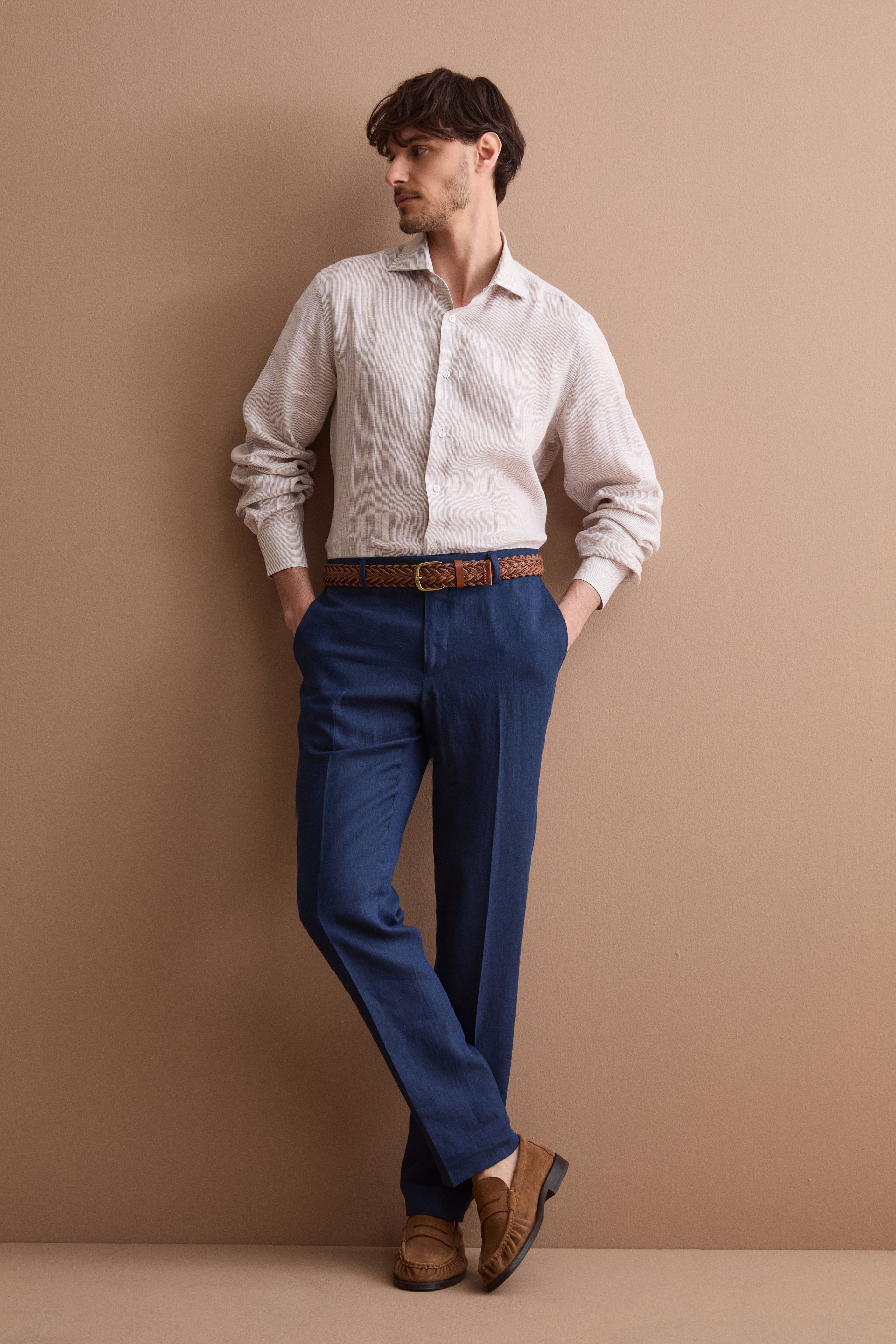 Camicia Uomo Casual Regular Fit in Lino - NOCCIOLA RIGATO