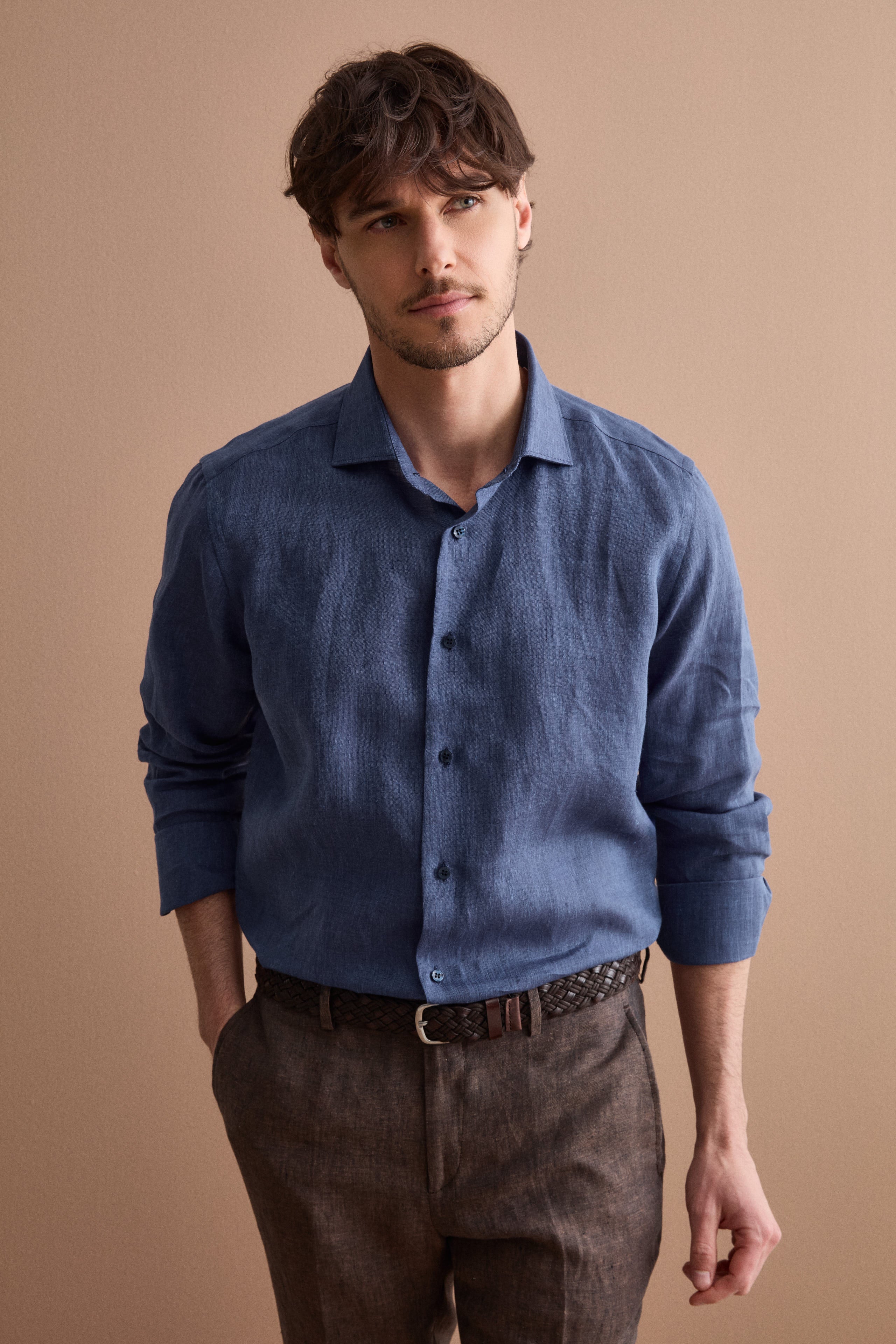 Camicia Casual Slim Fit in Lino - BLU