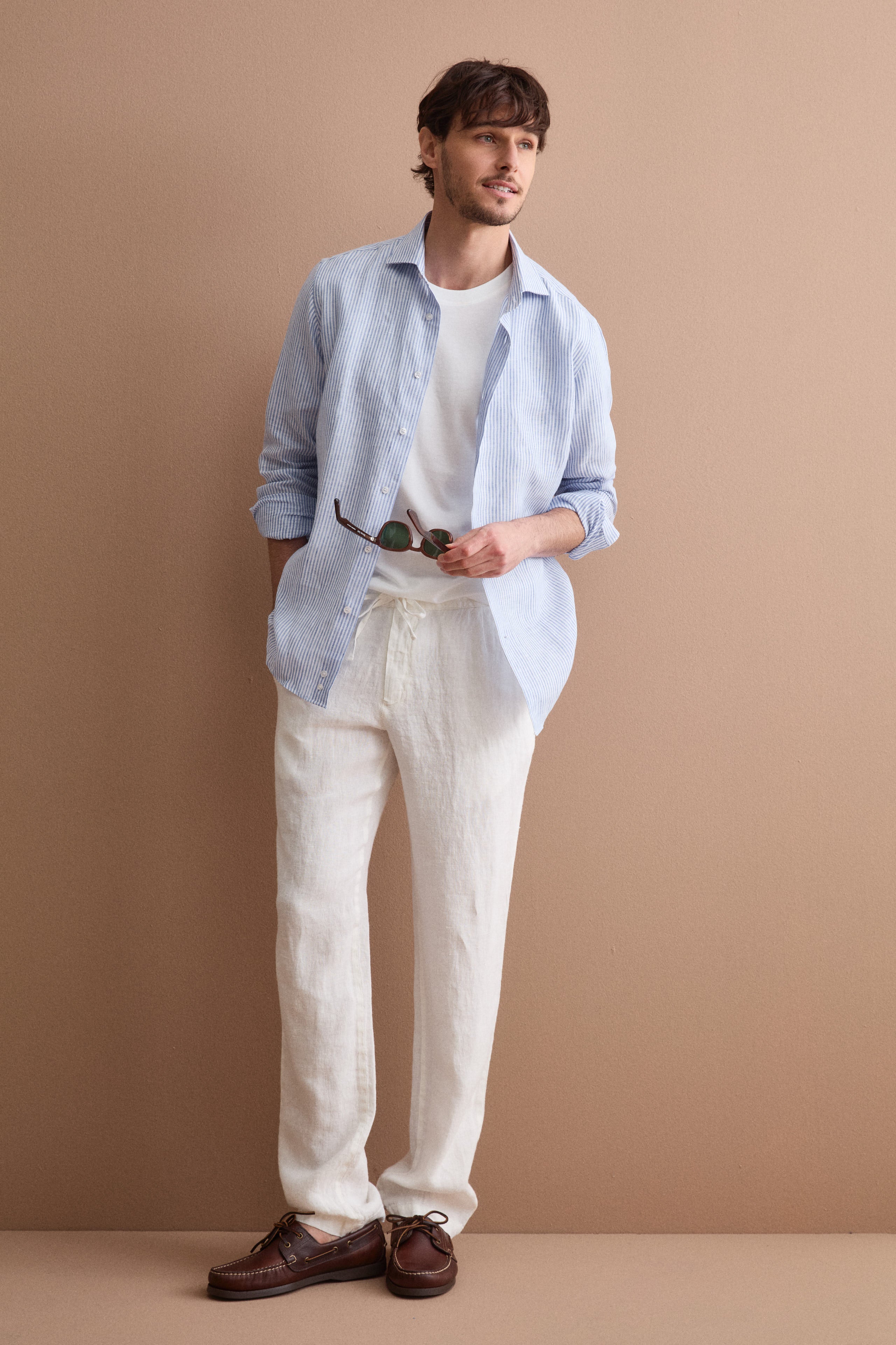 Camicia in Lino a Righe Custom Fit - AZZURRO RIGATO